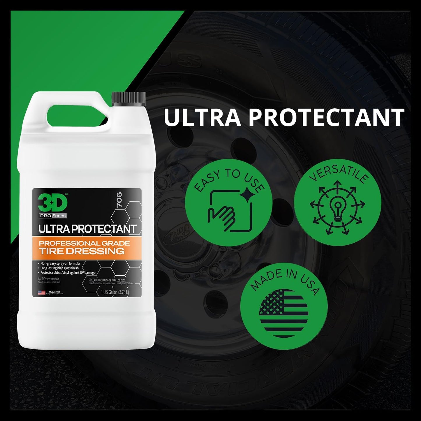 3D Ultra Protectant Tire Shine Spray – Water-Based High Gloss Tire Dressing | Long Lasting UV Protection for Rubber & Vinyl | No Sling | Made in USA |1 Gallon