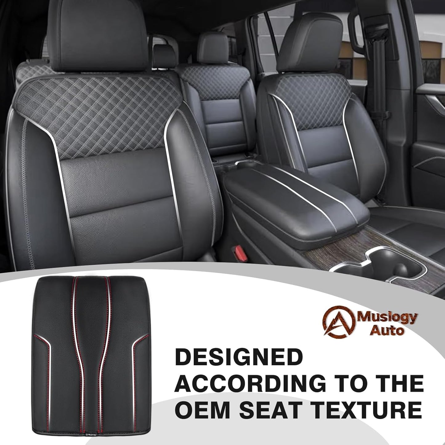 Muslogy Armrest Cover Center Console Cover Compatible with 2024 2025 GMC Acadia & Chevrolet Chevy Traverse Accessories Vegan Leather Arm Rest Middle Console Protector (Black/Red Stitching)