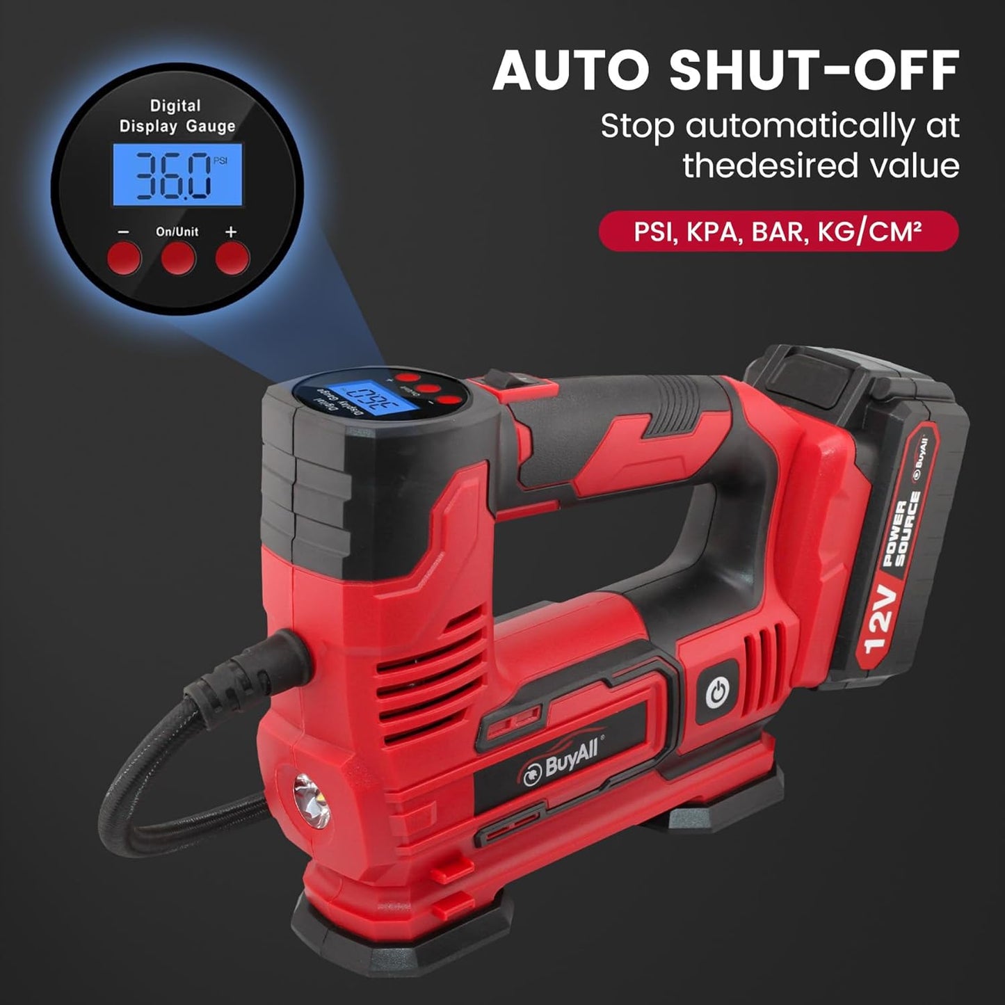 Tire Inflator Portable Air Compressor, 20V Cordless Car Tire Pump w/Rechargeable Li-ion Battery, 12V Car Power Adapter, Digital Pressure Gauge, 150PSI Tire Compressor for Many Inflatables