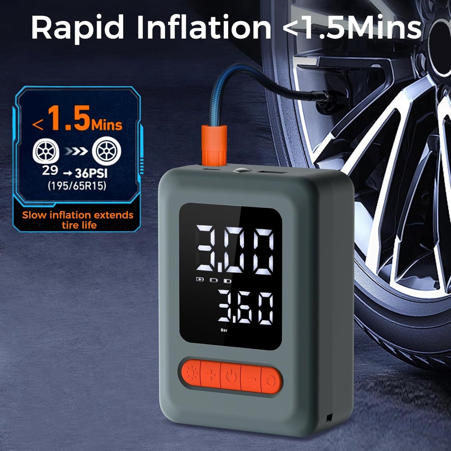 Tire Inflator Portable Air Compressor, Cordless Air Pump with LED Light & Pressure Gauge for Auto, Motorcycles, Bikes, Balls, Emergency Phone Charger
