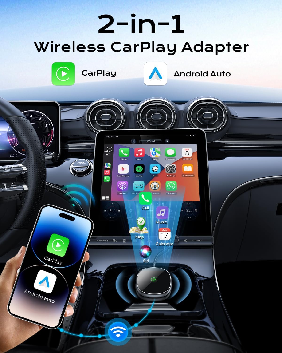 Wireless Carplay Adapter for iPhone & Android Auto 2-in-1, Stable, Plug & Play Low Delay Carplay Wireless Adapter Convert Wired to Wireless Apple Car Play Dongle for iOS 10+/Android 11+ (Grey)