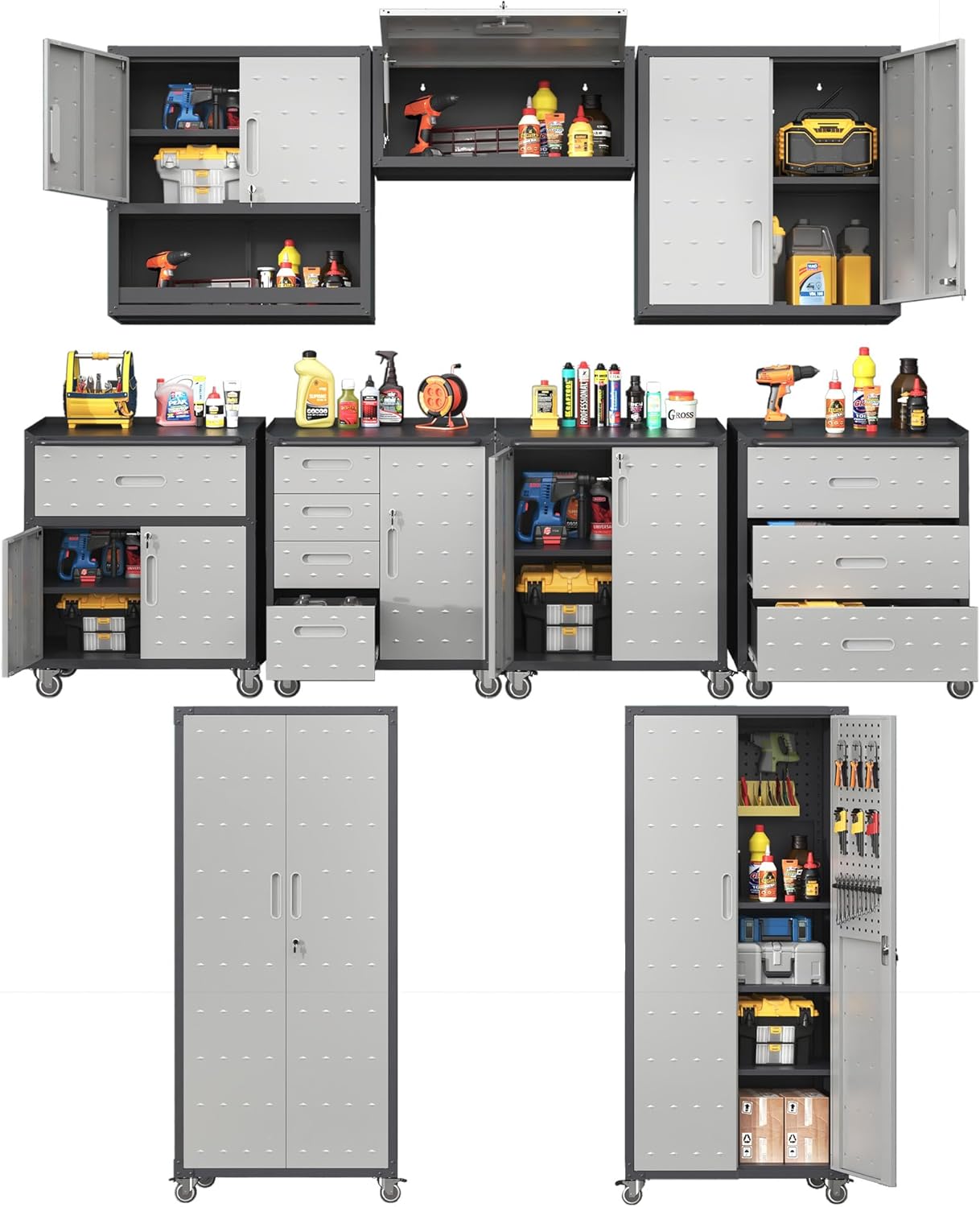Metal Tool Cabinet,Garage Storage Cabinet System,Wall Cabinet & Locking Rolling Tool Cabinet with Doors and Adjustable Shelves,Steel Tool Cabinets for Home,Office (9 Pcs-StyleA, Black & Grey)