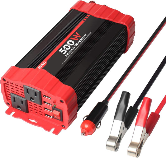 BYGD 500W Power Inverter, Car Charger Adpater DC 12V to AC 110V Car Power Converter 4 USB Quick Charging Ports and Dual AC Outlets Car Charger Adpater with Cigarette Lighter Cable and Battery Clamps