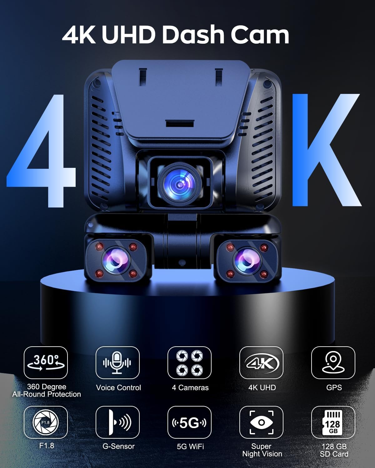4K Dash Cam 360° View,4 Channel Front and Rear Dash Camera for Cars,Built-in 5GHz Wi-Fi GPS, Voice Control, Free 128G Card,Night Vision,24H Parking Mode,G-Sensor
