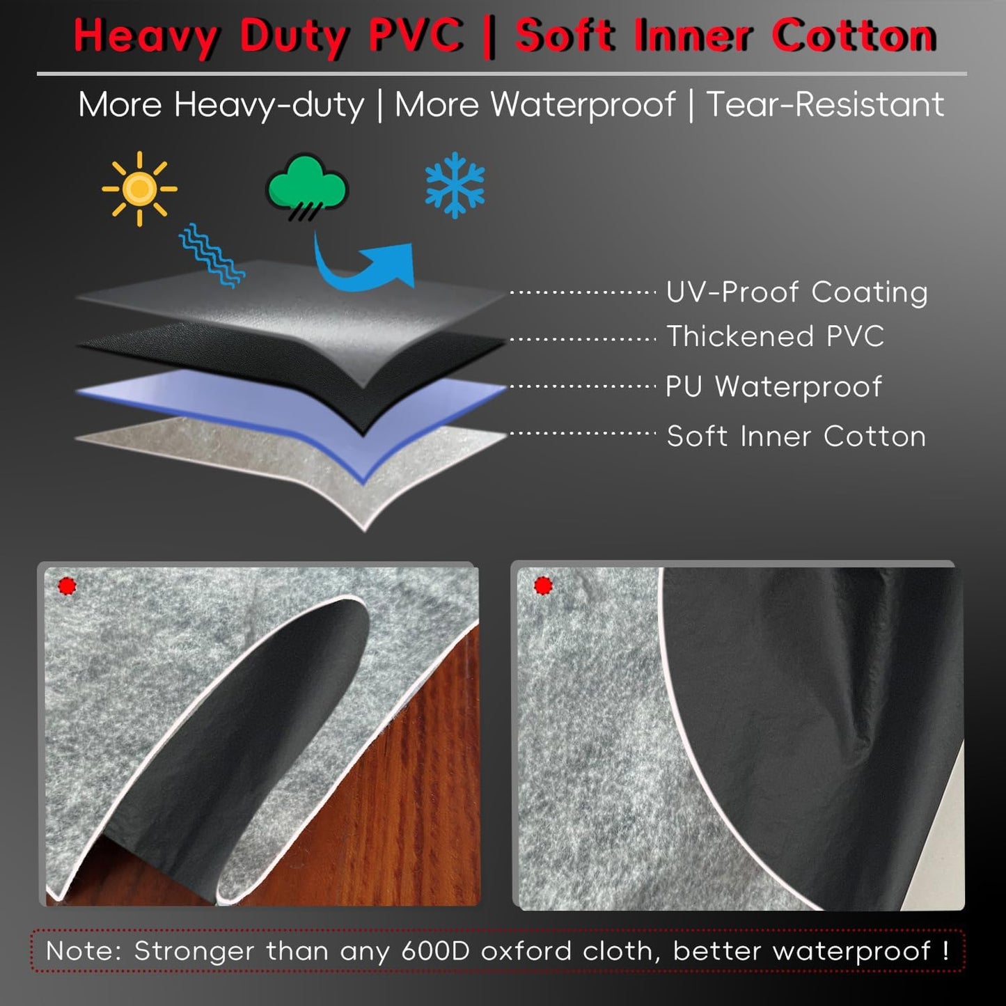 Motorcycle Cover | Heavy Duty PVC | Soft Inner Cotton | Waterproof Outdoor | All Season Universal | 4 Reflective Strips | 3 Windproof Straps | 1 Lock Hole | 1 Storage Bag | (Black, XXL, 104")