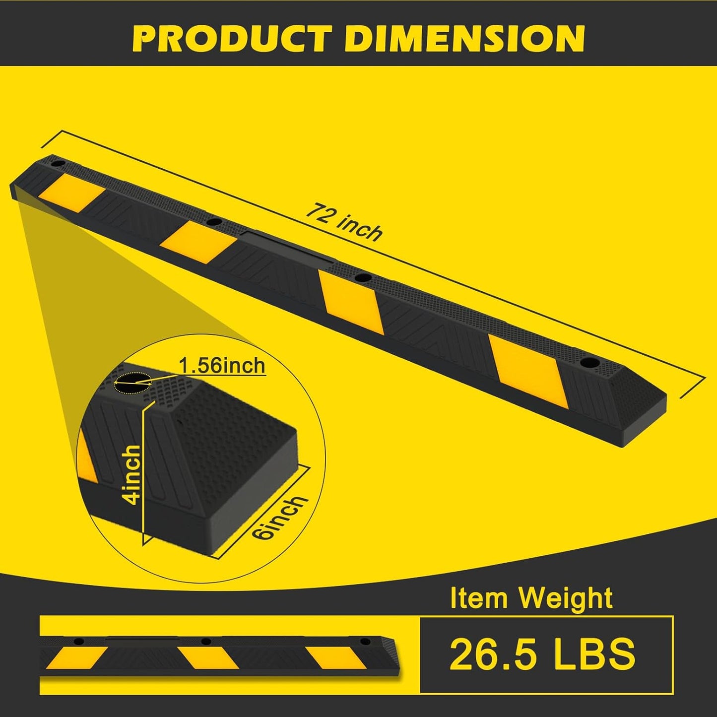 72" Rubber Parking Curb Stop, Heavy Duty Car Stopper, Parking Wheel Stops for Car, Garage Bumpers with Reflective Yellow Tape for Parking Car, Garage Parking (2 Pack)