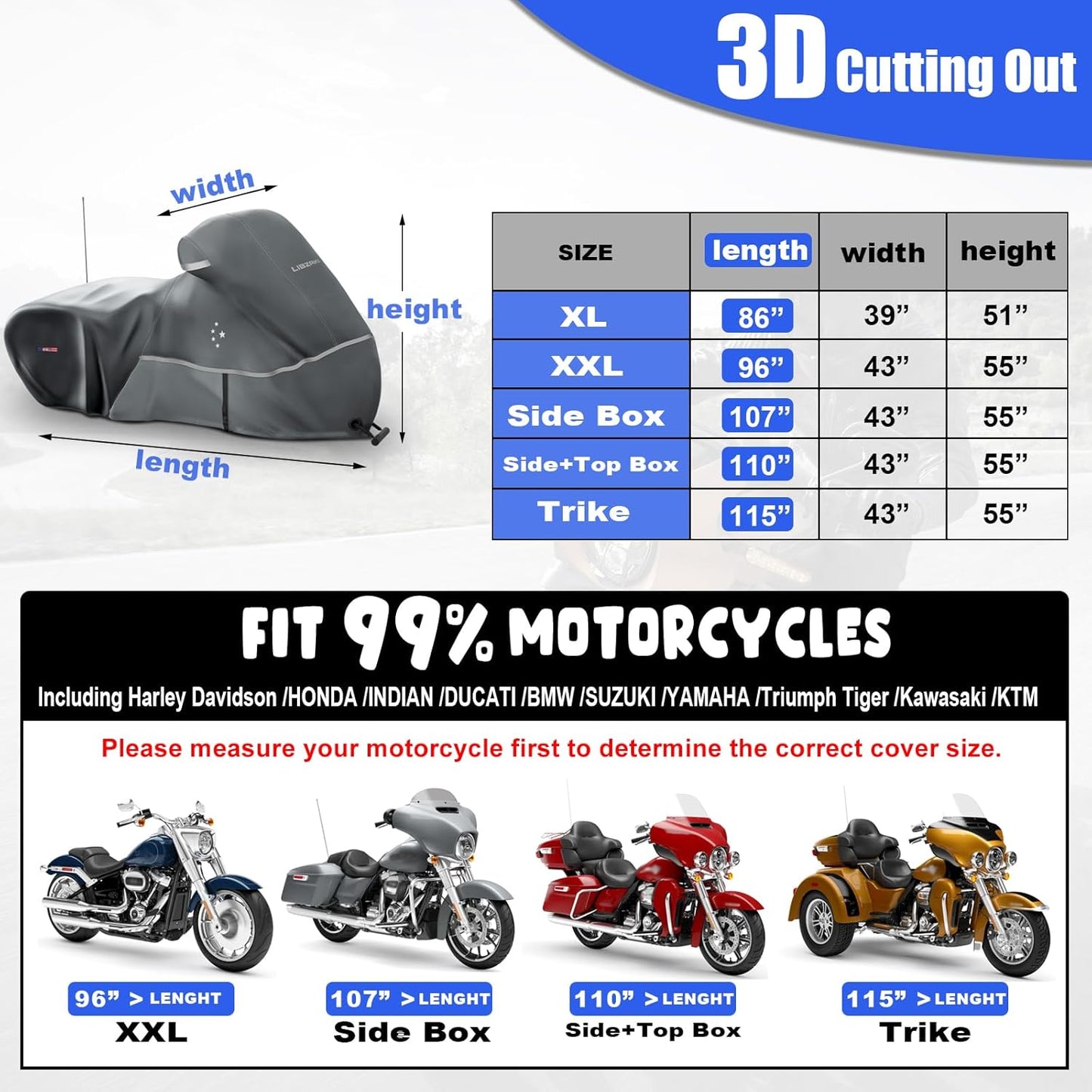 Motorcycle Cover LI LIBZAKI 600D Heavy Duty Storage for Touring Models Harley Davidson Road King,Road Glide,Street Glide, Electra Glide,Heritage Classic,Low Rider-ST,and Most Motorcycles/Gray