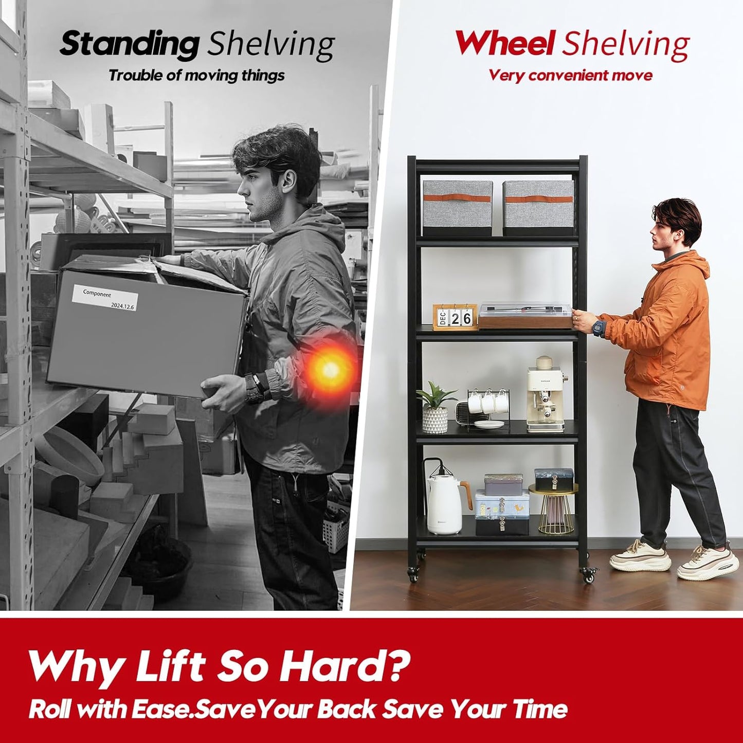 Kitchen Shelving with Lockable Wheels - 5-Tier Space-Saving Metal Shelves 72" H X 31.5" W X 17" D, Heavy Duty Adjustable Storage Shelf for Living Room/Home Office/Pantry