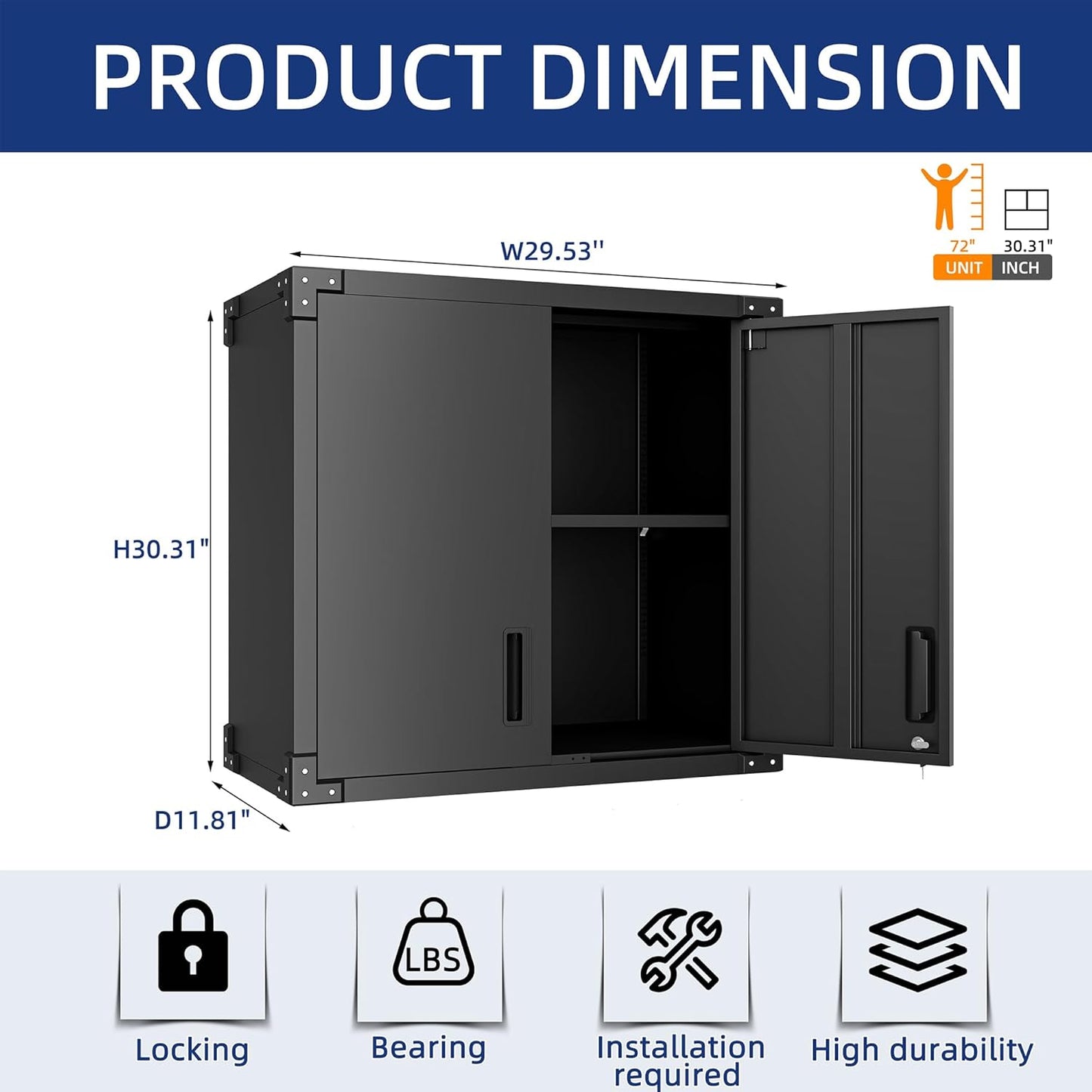 Metal Tool Cabinet,Garage Storage Cabinet System,Wall Cabinet & Locking Rolling Tool Cabinet with Doors and Adjustable Shelves,Steel Tool Cabinets for Home,Office (2 Pcs-StyleA, Black)