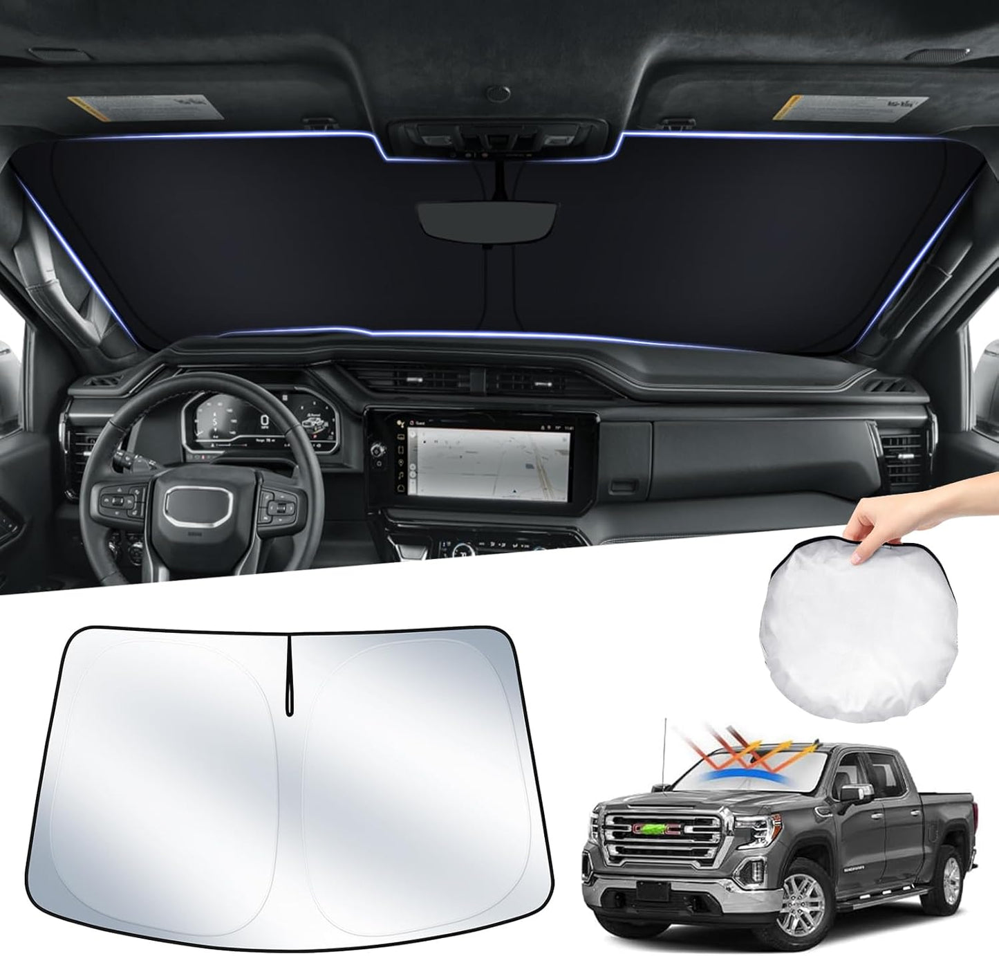 T TGBROS Windshield Sun Shade for 2019-2024 2025 GMC Sierra 1500 2500 3500 SLT, AT4, Denali Accessories Foldable Custom Fit Sun Shield Reflective Polyester Sun Visor Cover Sun Protection