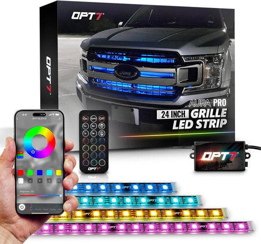 OPT7 Aura Pro RGB LED Grille Lights with App & Remote Control, 4pc 24" Light Strips, Waterproof Front Grill Lighting, Music Sync, Multi-Color, Trucks Decor Accessories for Tacoma Tundra 4Runner