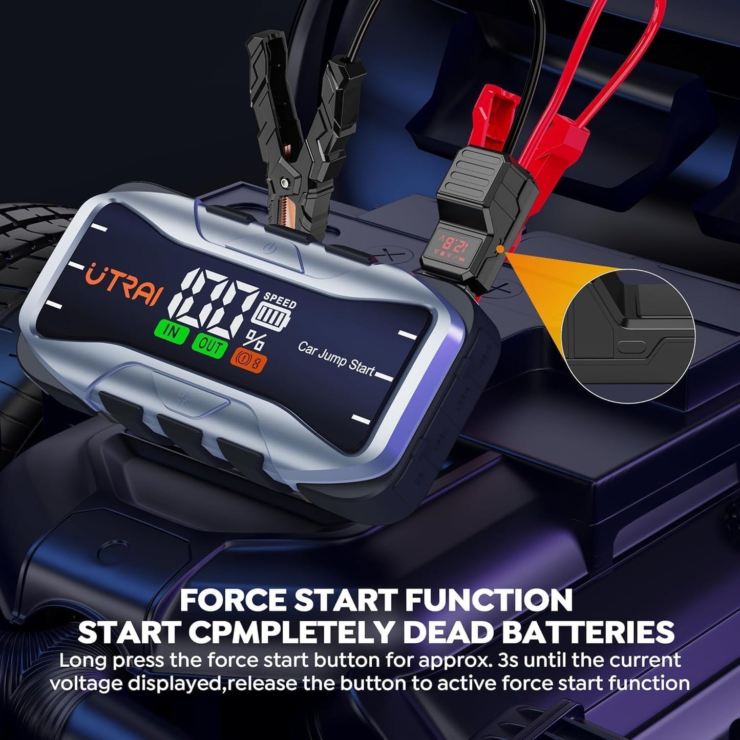 UTRAI 6000A Portable Jump Starter for Car, 12V Battery Jumper 27000mAh Jump Box for All Gas and 12L Diesel Engines, 65W Fast Charging Type-C Jump Pack, 2 USB Output, DC Output, 600LM LED Flashlight