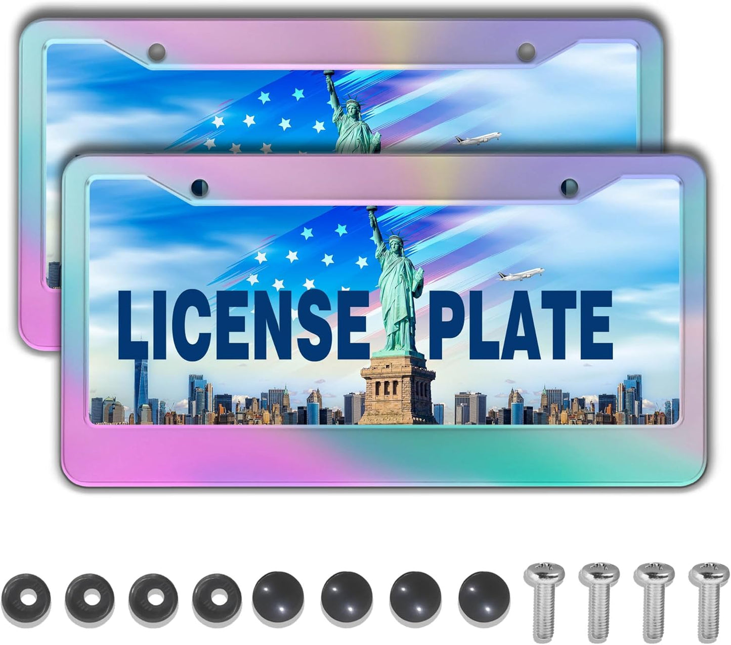 License Plate Frame Holder Rainbow License Plate Frames for Women Iridescent Women Universal Aluminum Car Accessory 2 Pack with Screw Covers Set