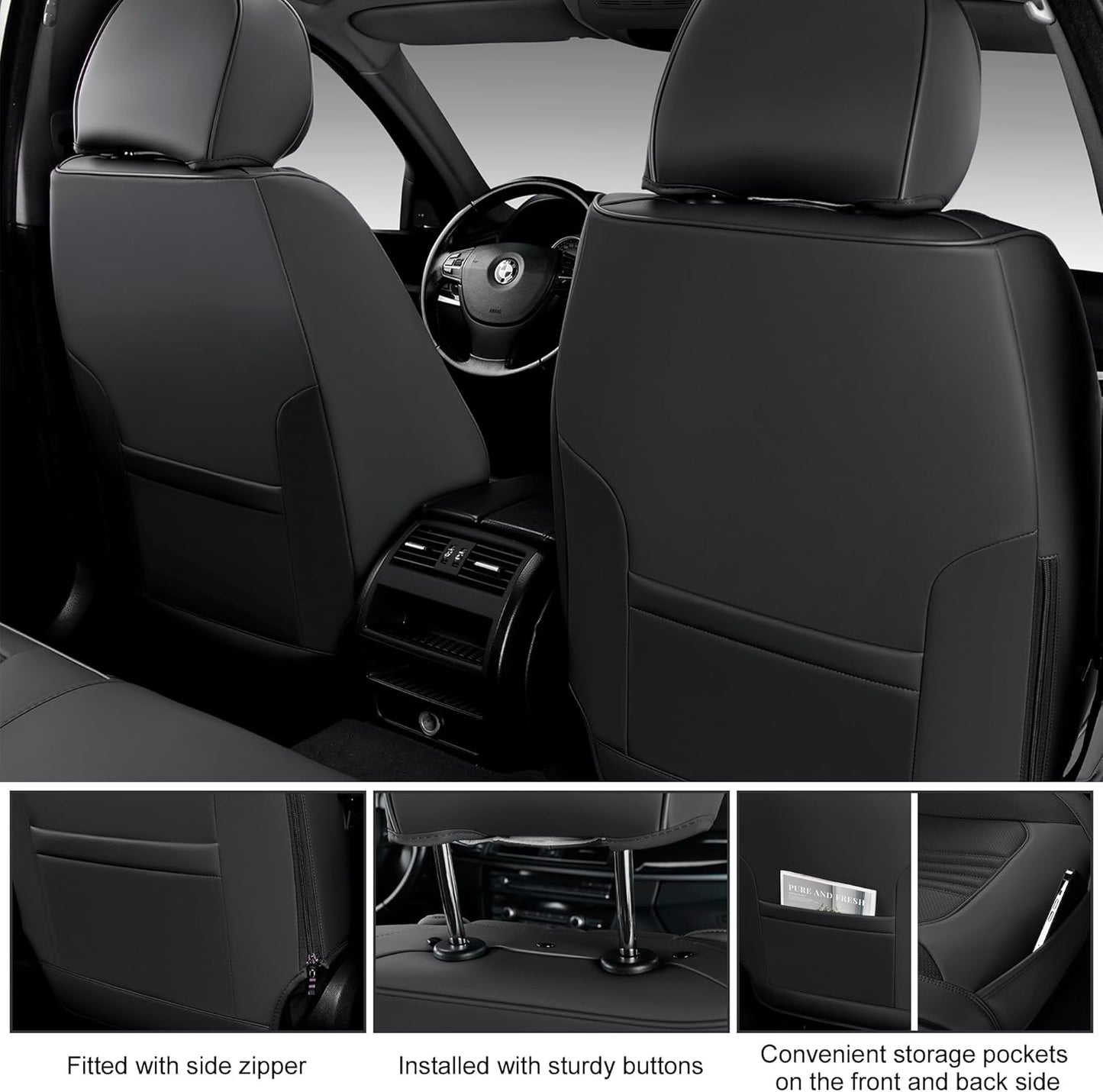 Front Seat Covers, 2 Pieces Universal Seat Covers for Cars, Waterproof Leather Auto Seat Protectors with Head Pillow, Car Seat Cushions Fit for Most Sedans SUV Pick-up Truck, Black