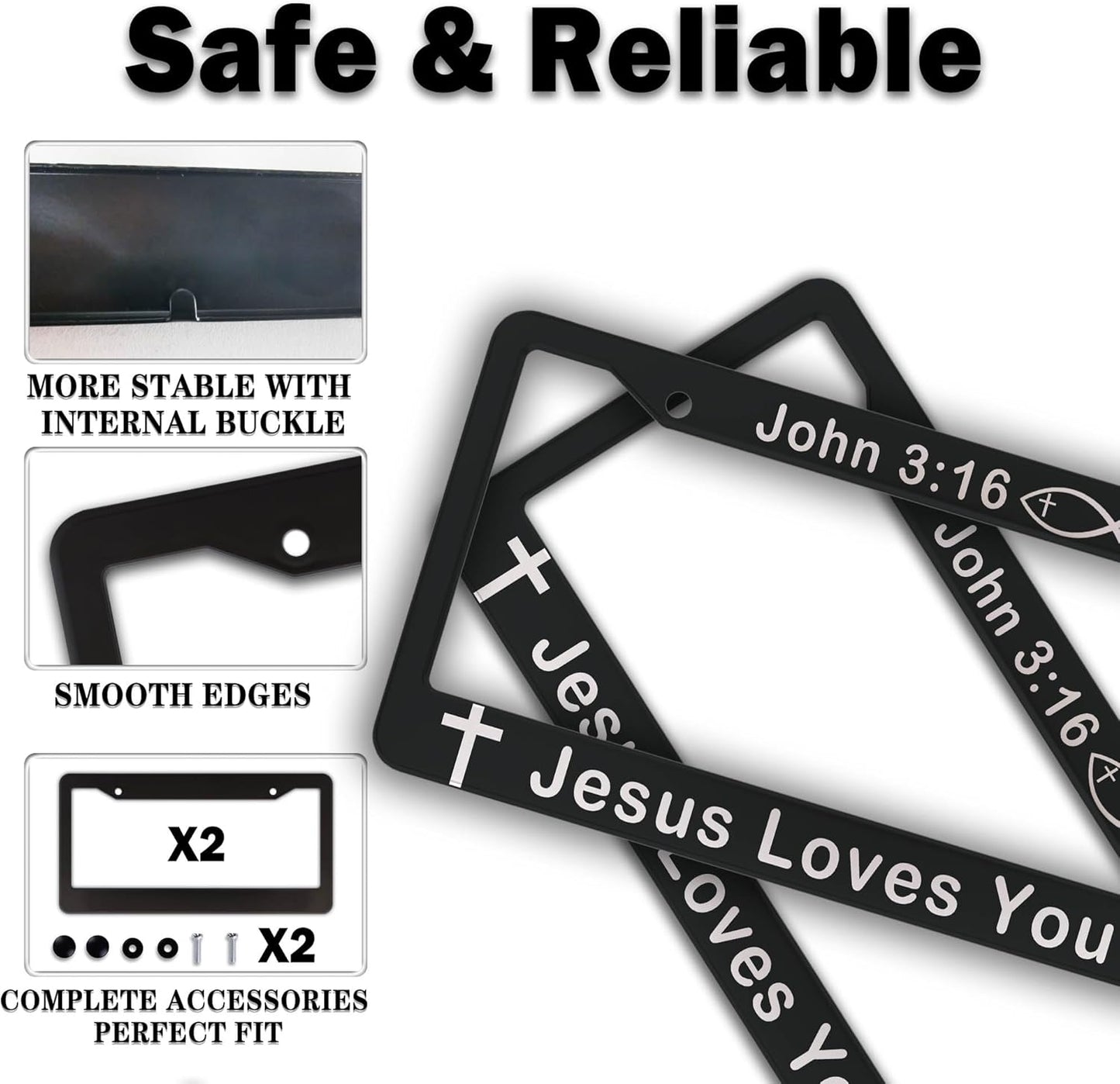License Plate Cover Black and White License Plate Frames John 3:16 Jesus Loves You Universal Aluminum Car Accessory 2 Pack with Screw Covers Set