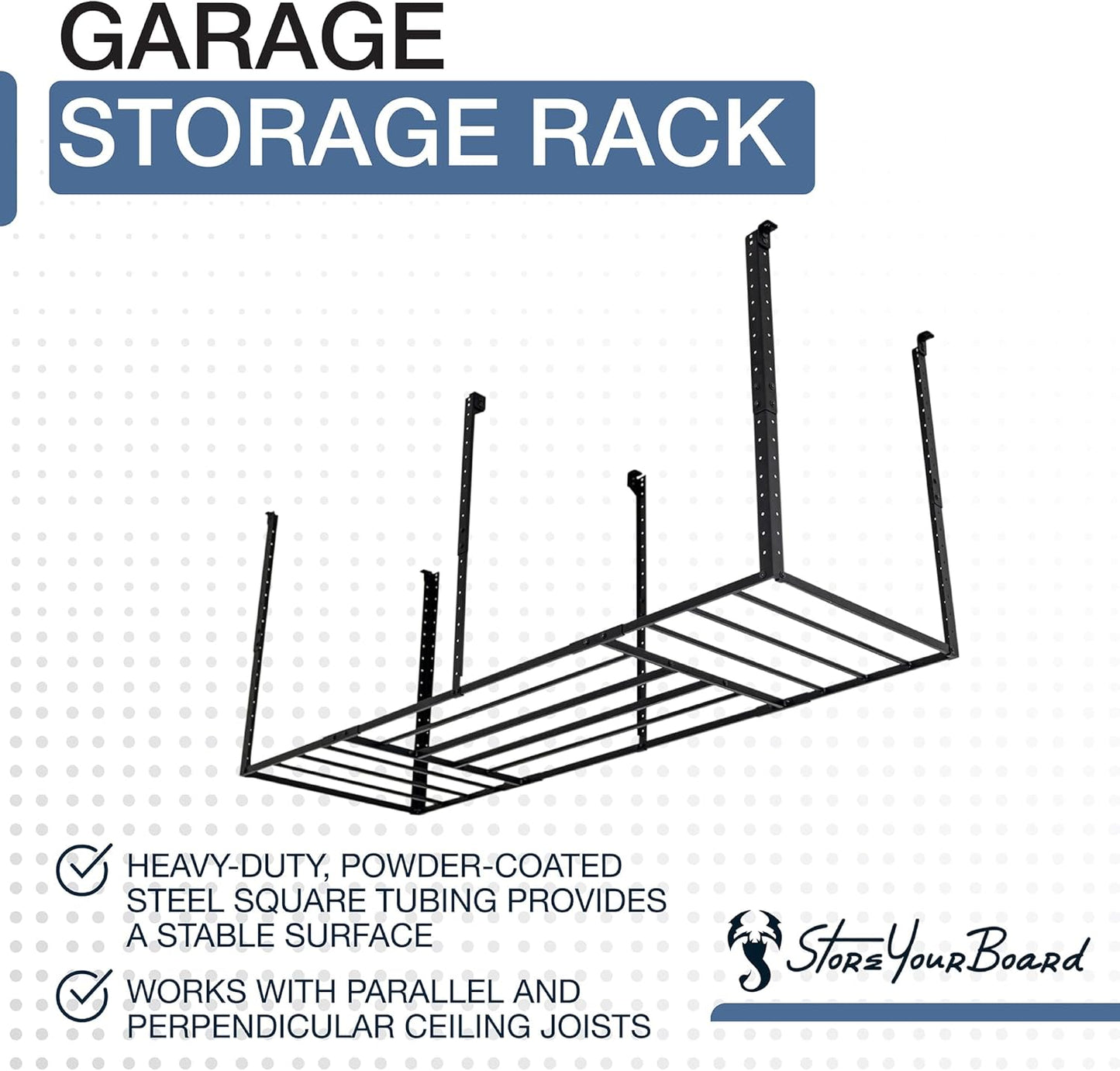 StoreYourBoard Heavy-Duty Ceiling Mounted Garage Shelving, Steel Overhead Ceiling Shelf, 3x8 Garage Organization Rack with Hooks, Holds 700 lbs
