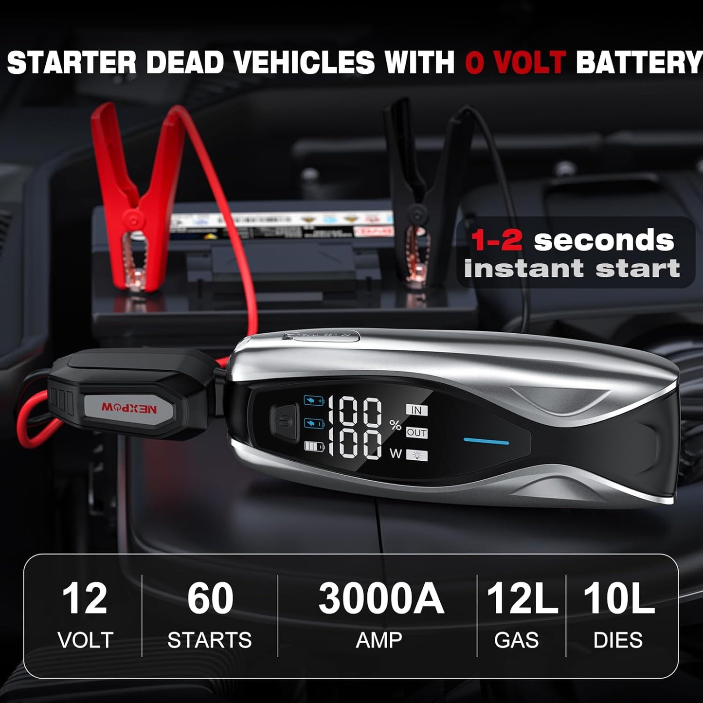 NEXPOW X7 3000A Jump Starter, Car Battery Jump Starter with PD 60W Dual-Way Faster Charging for 12L Gas/10L Diesel Engines, 12V Portable Jump Start Battery Pack, 3.2″ HD Display, IP63 Waterproof