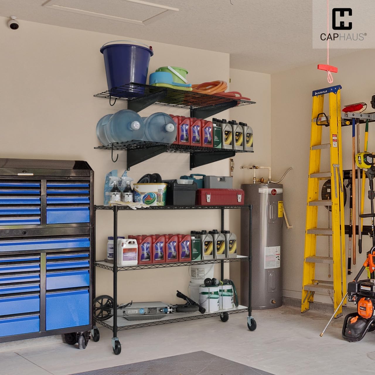 Fencer Wire 96 in. W x 18 in. D Wall Mounted Garage Wall Shelving w/ 4 Hooks, Black Wall Shelf, Heavy Duty Garage Wall Storage System, Garage Organizer Floating Shelves, 1000lb Weight Capacity