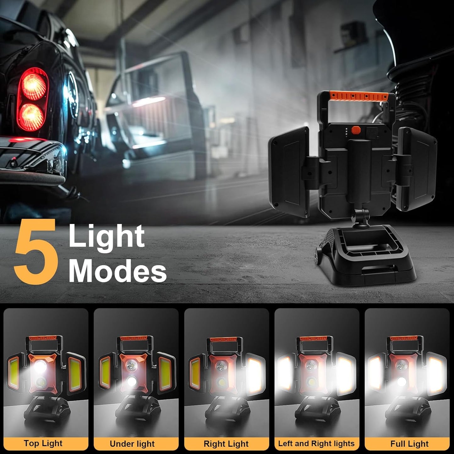 4000LM LED Work Light Rechargeable with Clamp, 40W Magnetic Work Light Battery Powered with 5 Light Modes, 350° Rotation, Portable Job Site Lighting for Construction Site,Workshop,Car Repairing