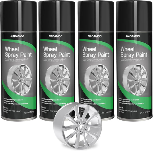 NADAMOO Aluminum Wheel Spray Paint, Semi-gloss Aerosol Car Rim Paint for Recolor and Protection of Metal Surface, Silver, 4 Cans, 13 Oz Per Can