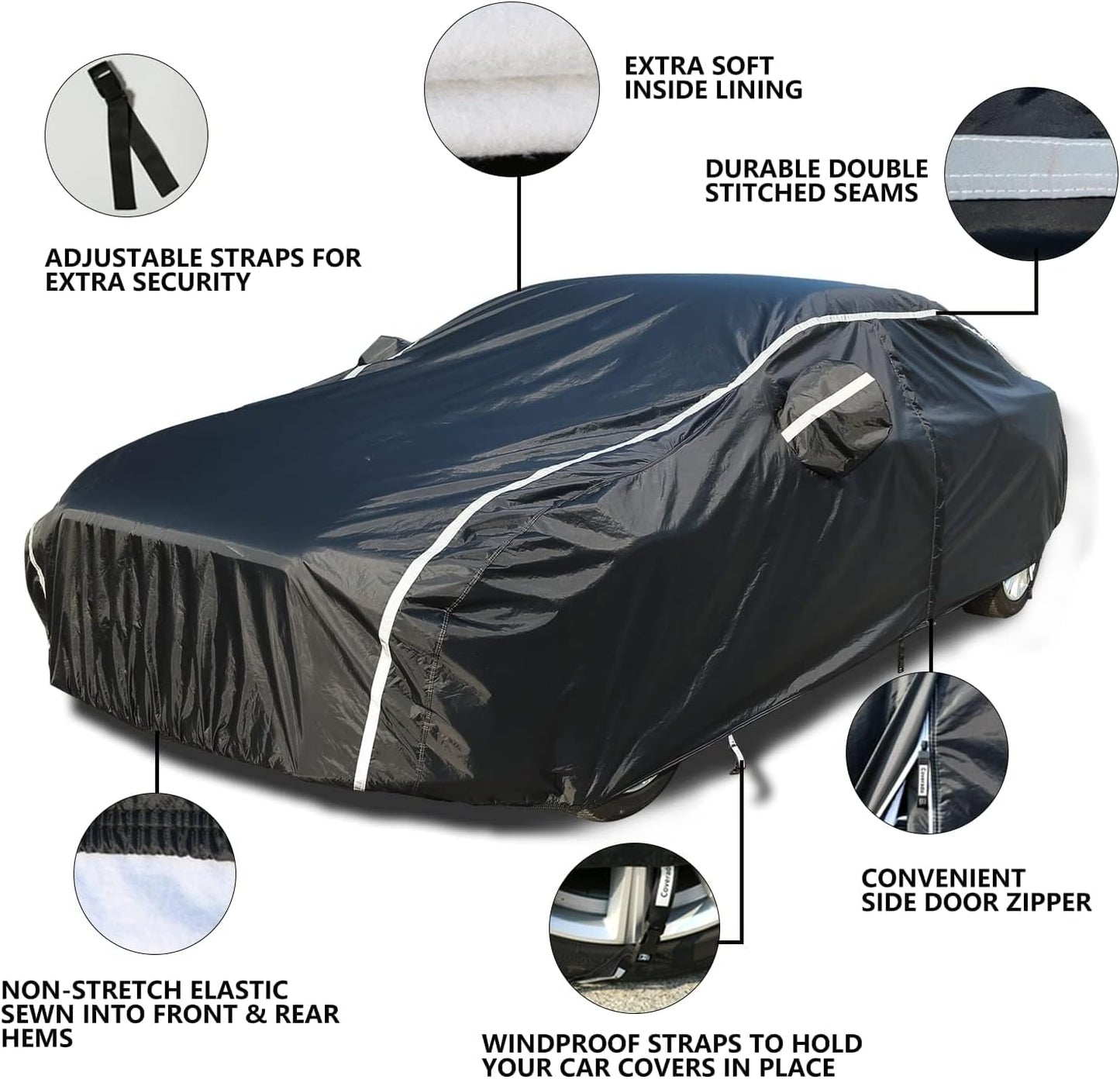 Tecoom Car Cover Waterproof All Weather, Car Covers for Automobiles w/Zipper Door, Cotton Backing Waterproof Hail Car Cover, Snowproof Sun UV Protection Windproof, Universal Fit for Sedan (170"-190")