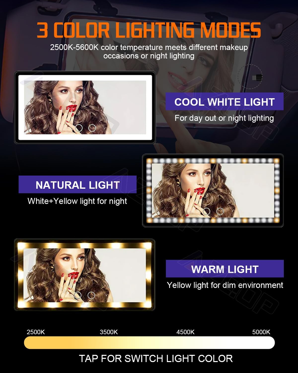 Car Sun Visor Vanity Mirror Compatible for Tesla Model 3 Y S X, Makeup Mirror with 3 Light Modes, Dimmable Touch Screen, Rectangular White, Car Vanity Mirror with Lights