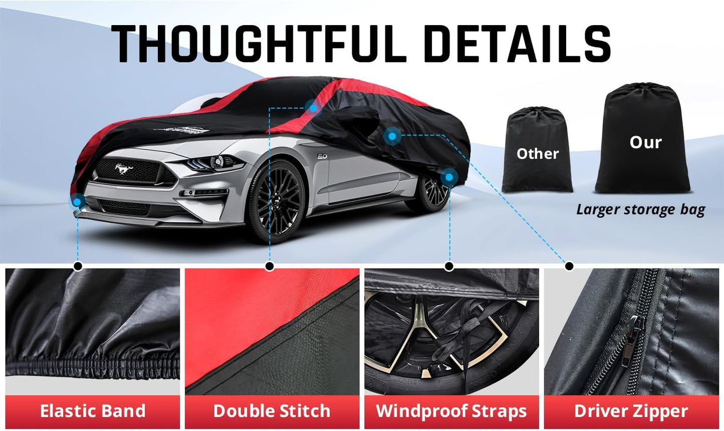 Mustang Car Cover Waterproof All Weather with Red Strip Design, Custom Fit for Ford Mustang 1994–2025, Mustang Accessory with Door Zipper & Windproof Straps