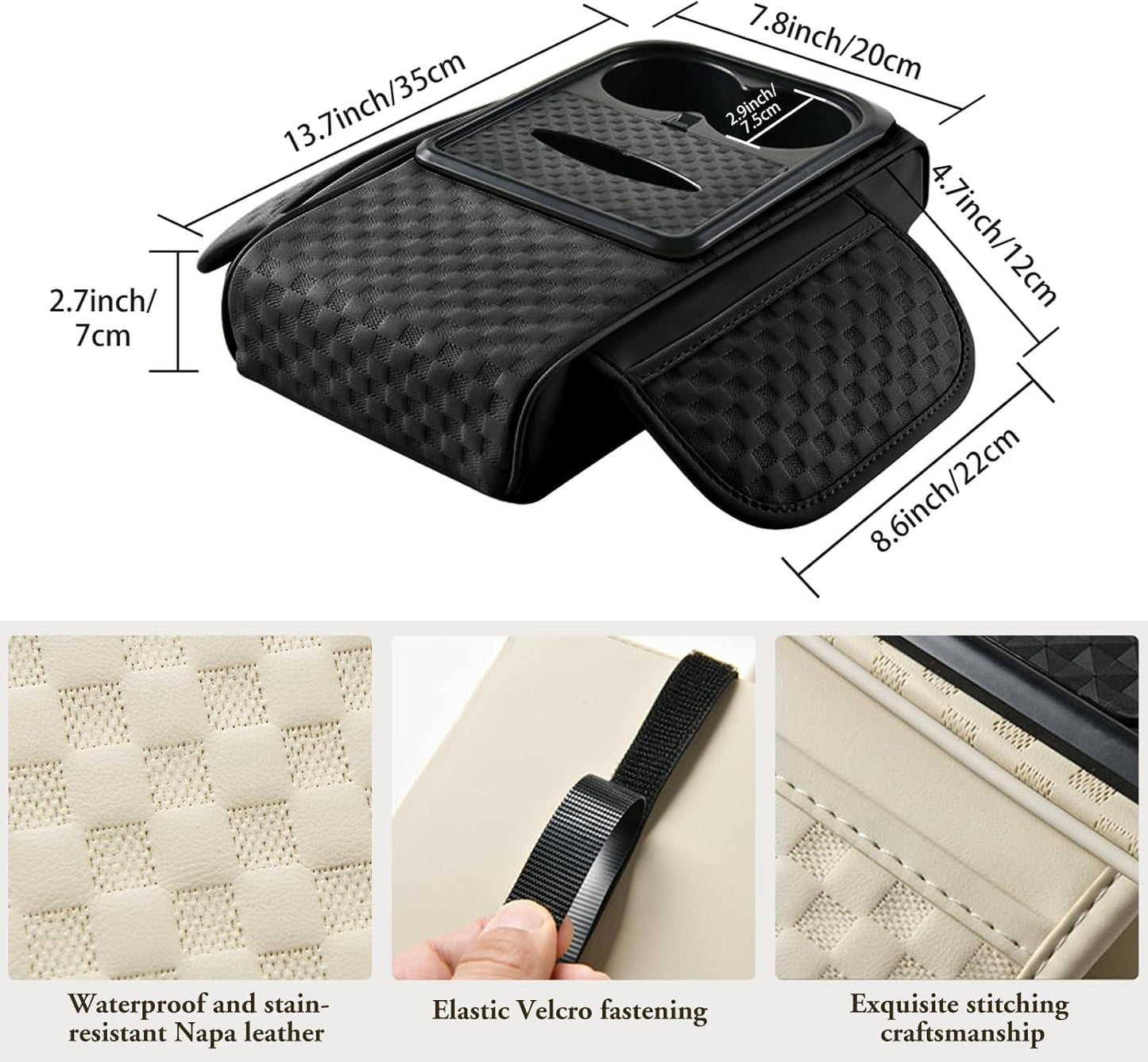 Car Center Console Cover, Armrest Cover for Storing Water Cups, Tissues, Cards, and Phones, 4-in-1 Center Cover with Soft Leather and High Resilience Memory Foam (Black)