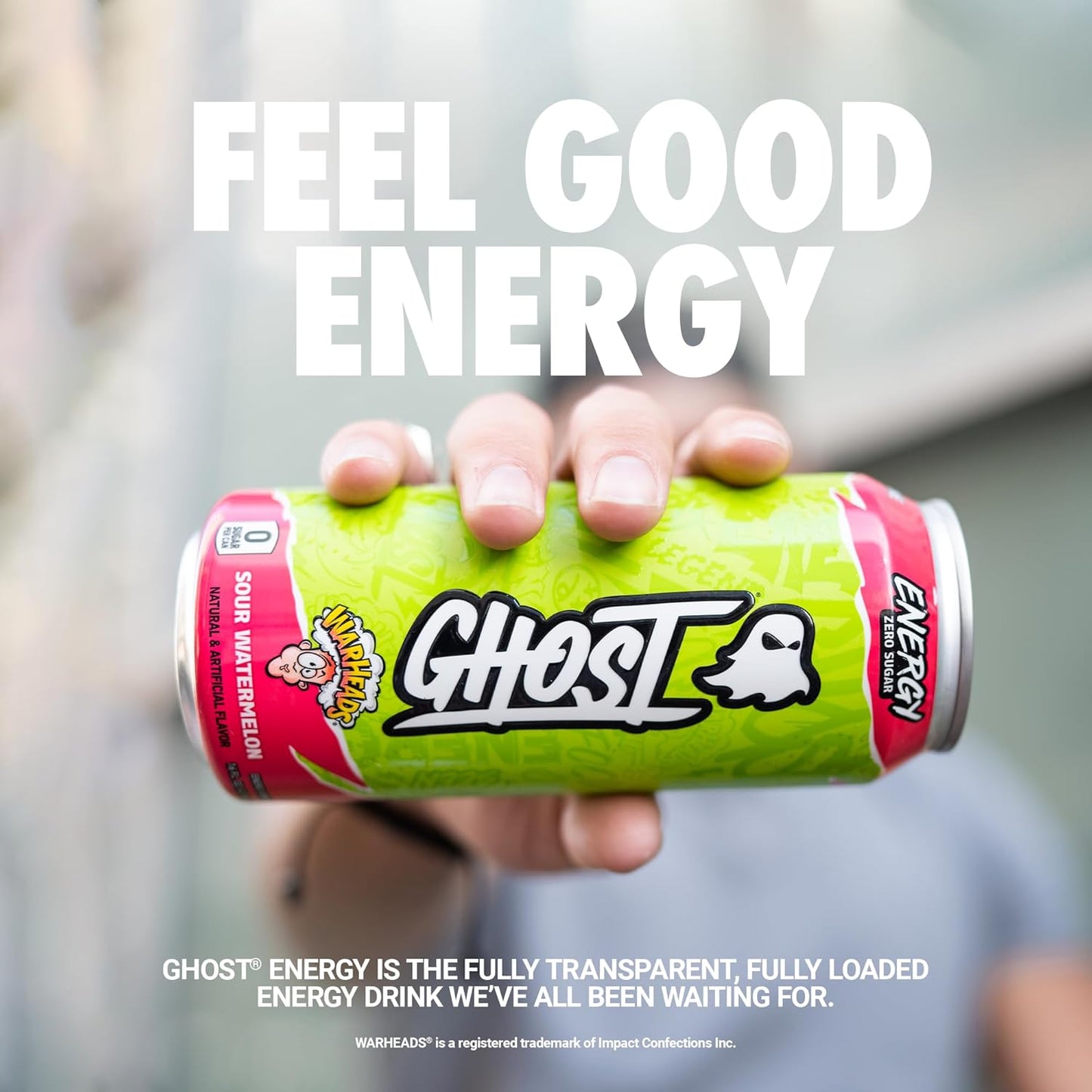 GHOST Energy Drink - 12-Pack, Warheads Sour Watermelon, 16oz - Energy & Focus & No Artificial Colors - 200mg of Natural Caffeine, L-Carnitine & Taurine - Gluten-Free & Vegan