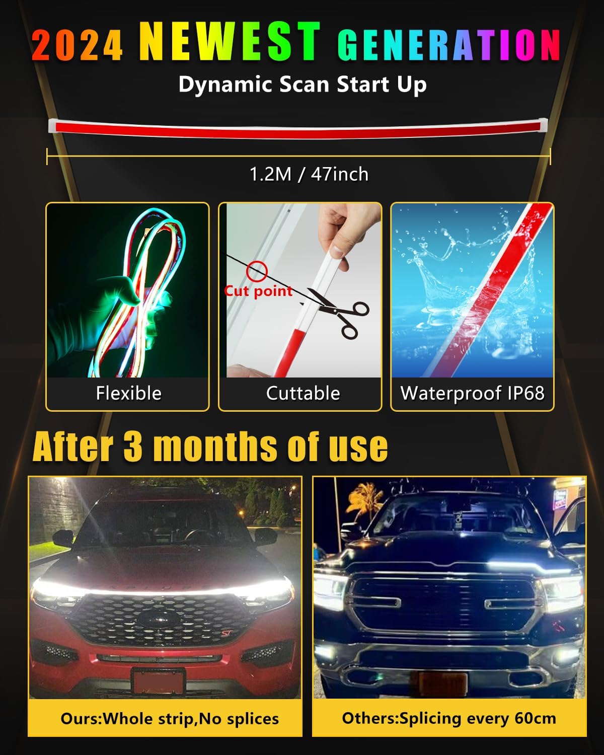 RGB Hood Light Strip with Sequential Turn Signal Indicator Function Waterproof Multicolor Dynamic Scan Start Up Hoodbeam Kit for Cars,Truck,SUV,with APP Control,12V 47inch/1.2M (1Set)