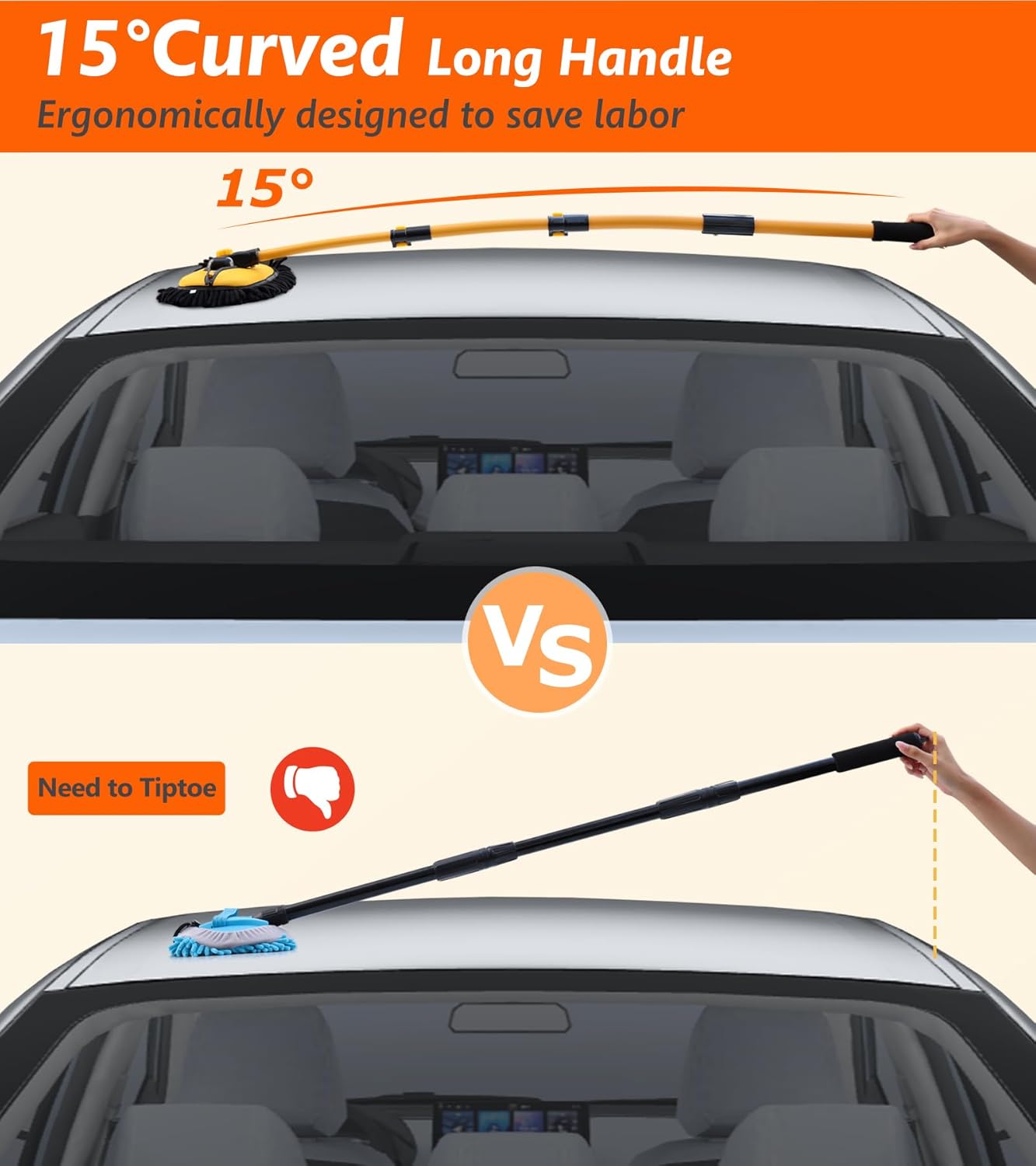 56.7" Car Wash Brush Mop Kit Microfiber Car Washing Sponge Mitt with Long Handle Car Cleaning Supplies Tools RV Washing Duster Exterior Scratch Free, Chenille Replacement Head Extension Pole