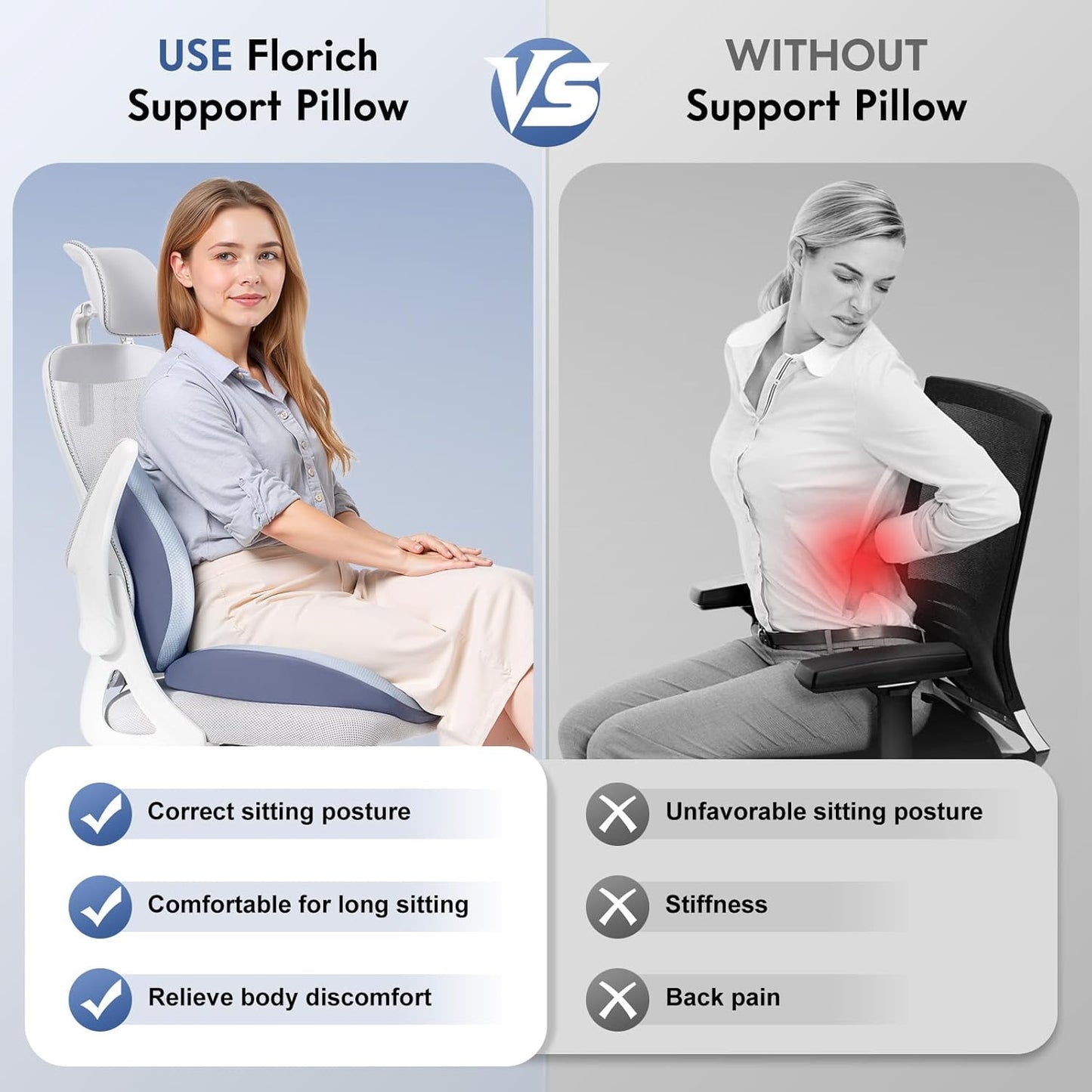 FLORICH Seat Cushion and Lumbar Support Pillow for Office Chair Car, Ergonomic Memory Foam Back Support for Office Gaming Chair Driving Seat Wheelchair, Relieves Neck, Back & Sciatica Pain – Blue