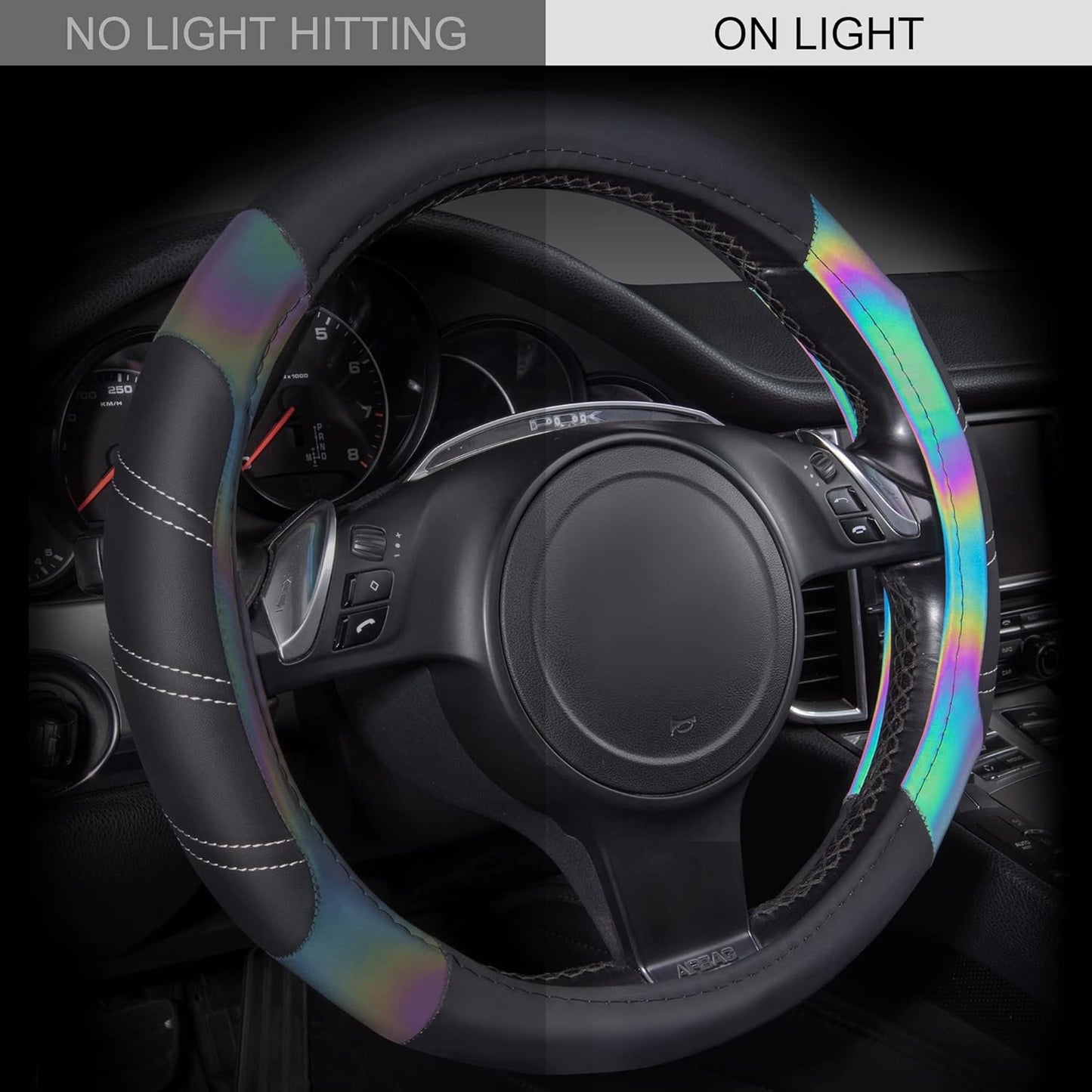 CAR PASS Line Rider Microfiber Leather Sporty 14.5-15 inch Steering Wheel Cover Universal Fits for 95% Truck,SUV,Cars, Anti-Slip Safety Comfortable Design (Black Reflective)