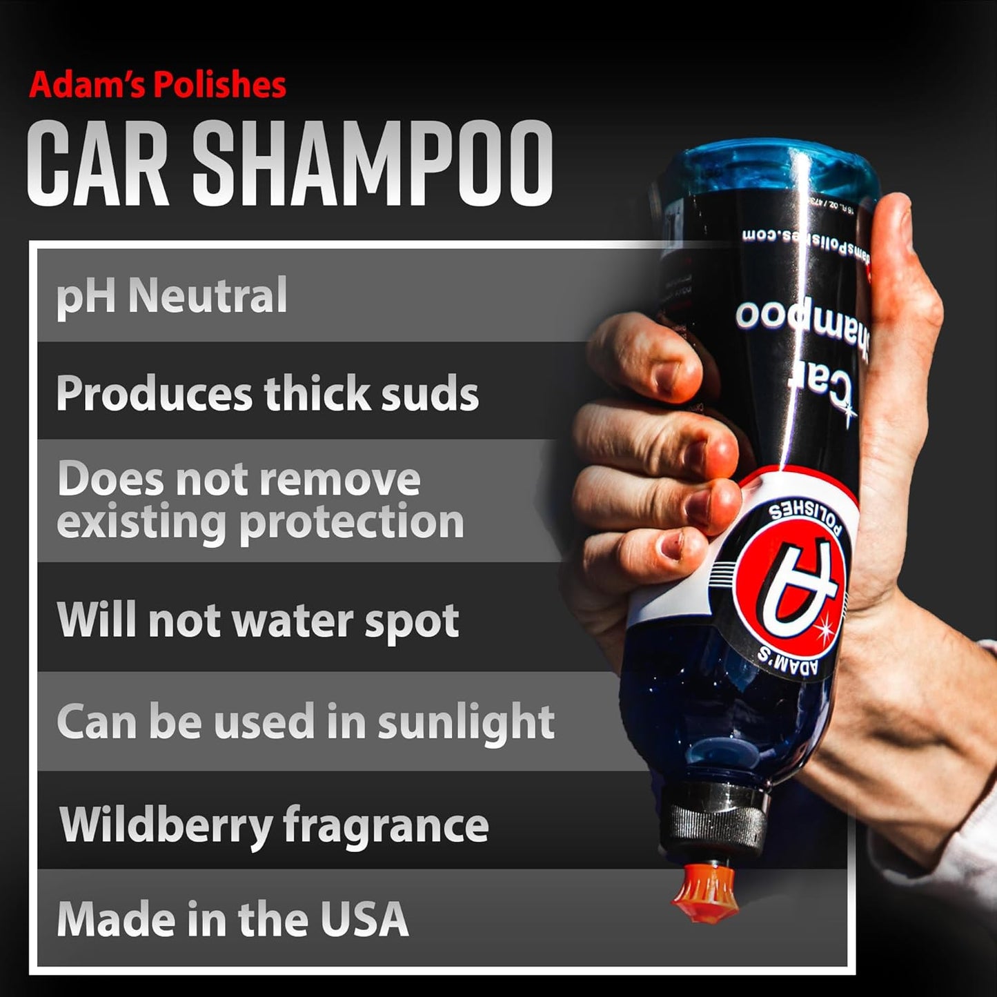 Adam's Car Shampoo (16oz) - pH Best Biodegradable Car Wash Soap for Foam Cannon, Spray Gun or Bucket - High Foam, Scratch-Free Auto Detailing for Cars, Trucks, RVs & Motorcycles