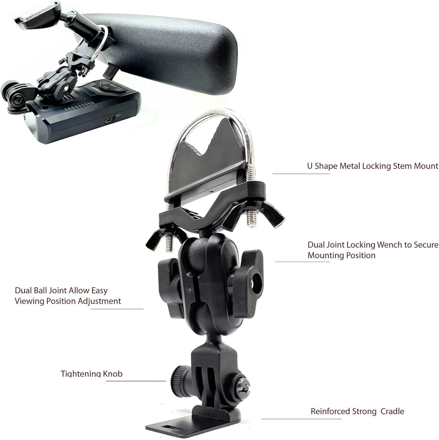 ChargerCity Enhanced U-Bolt Stainless Steel Lock Rearview Mirror Pole Bar Stem Mount for Uniden Radar Detector