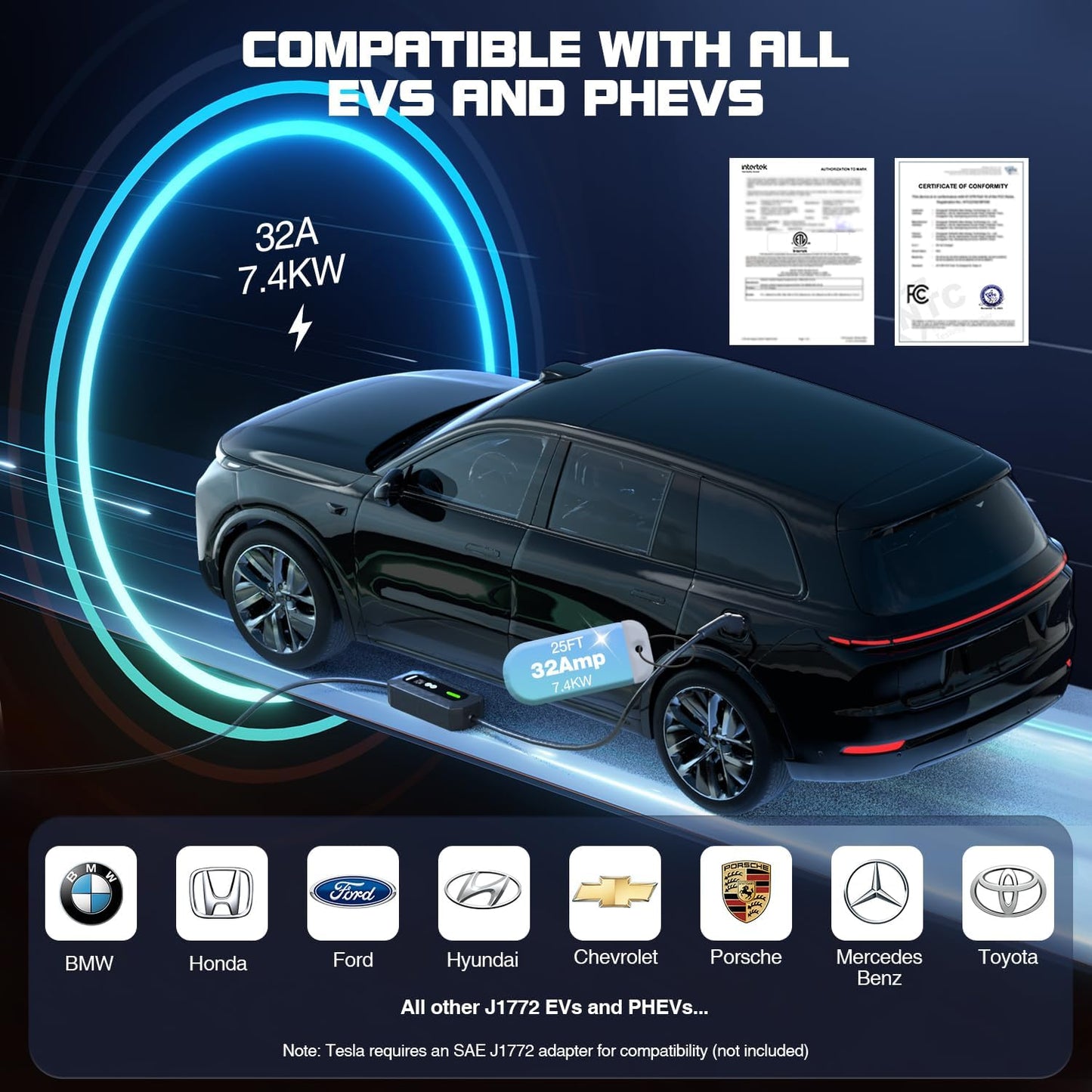 GRECELL Level 2 EV Charger, 32A/7.4KW Electric Vehicle Portable Charger with 25FT Cable, ETL Certified Level 2 Car Charger for All SAE J1772, 240V NEMA 14-50 Adjustable Current for Home & Travel