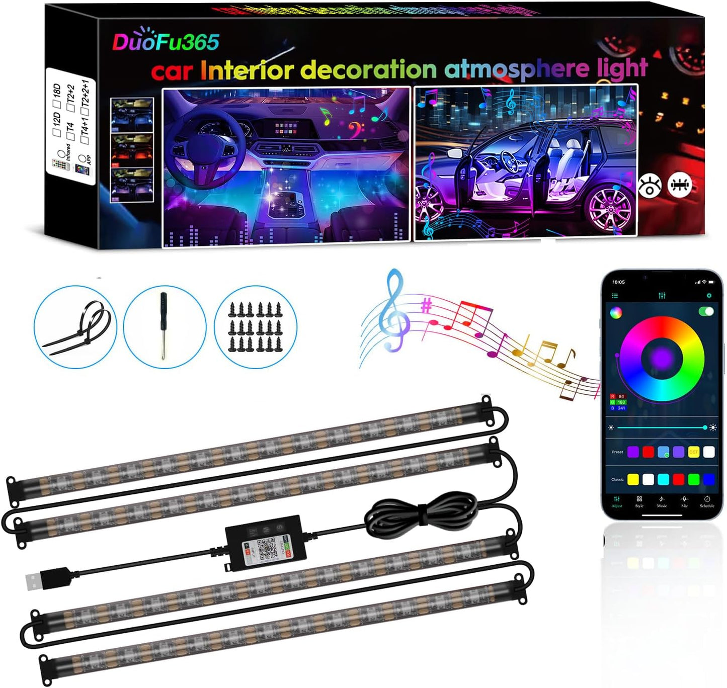 Car Led Strip Lights, RGB Truck Interior Lights with App Control, Under Dash Footwell Automotive Led Light Strip, Car Ambient Lighting (1set)