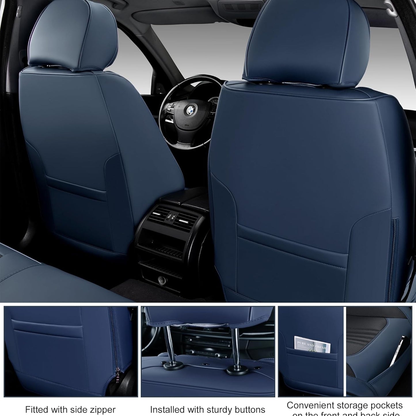 Car Seat Covers Full Set, Front and Rear Seat Covers for Cars, Waterproof Leather Auto Seat Protectors with Head Pillow, Car Seat Cushions Fit for Most Sedans SUV Pick-up Truck, Black&Navy