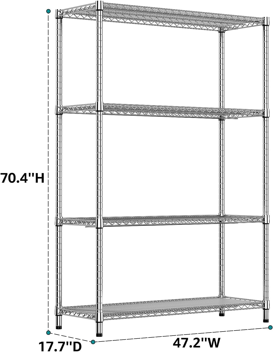IZEUK 2640 LBS Garage Shelving Wide Storage Shelves 4 Tier Metal Shelves Heavy Duty Adjustable Utility Shelf Rack Chrome 17.7" D x 59.1" W x 70.4" H