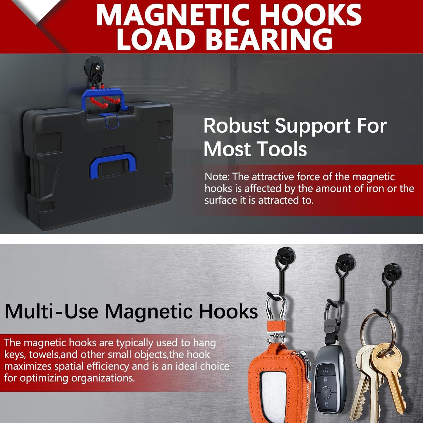 3-H Heavy Duty Magnet Garage Hooks 2 Pack, Large Strong Magnetic Hooks for Hanging Cordless Power Drill, Utility Magnetic Tool Holder for Metal Cabinet, Steel Pegboard, Toolbox, Garage(Red)