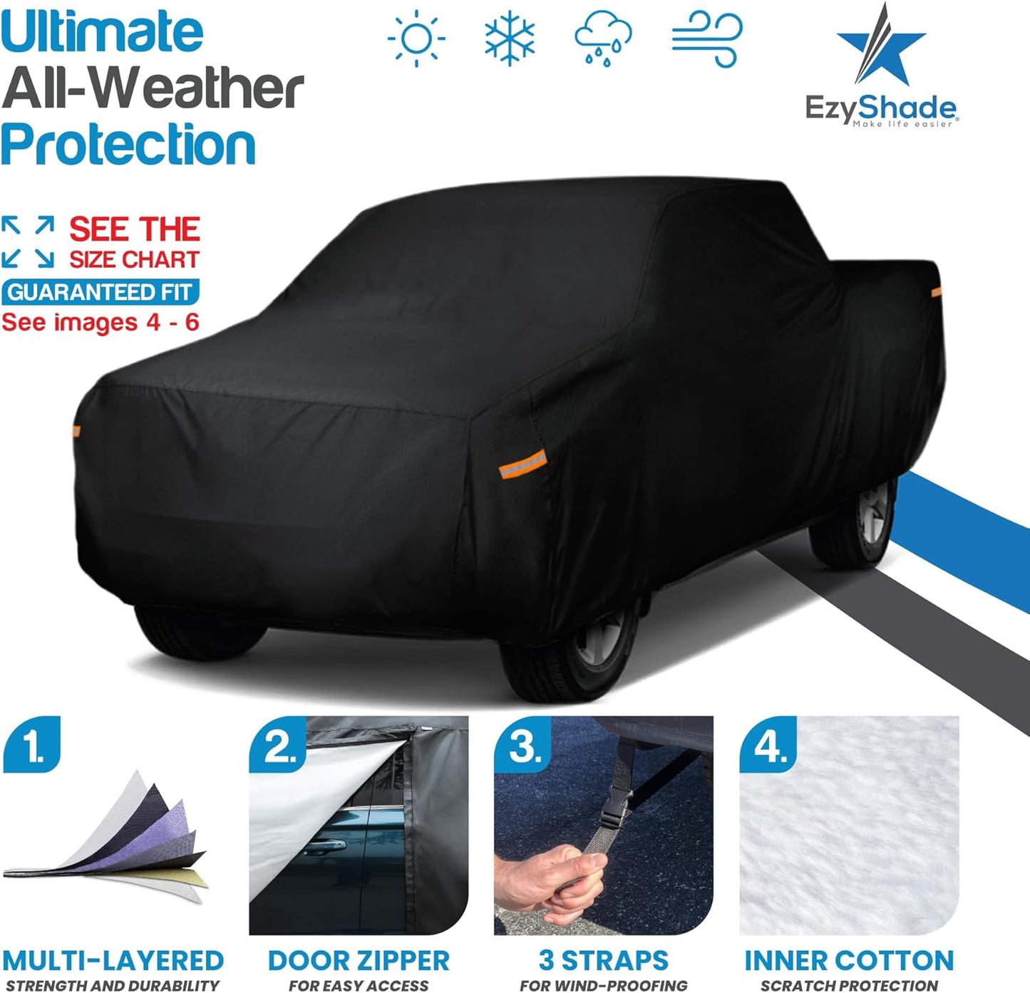EzyShade 10-Layer Truck Cover Waterproof All Weather. See Vehicle Size-Chart for Accurate Fit. Outdoor Pickup Truck Covers - Ranger Frontier Tacoma. Sun Snow Rain. Black, Size T1 (See SizeChart)