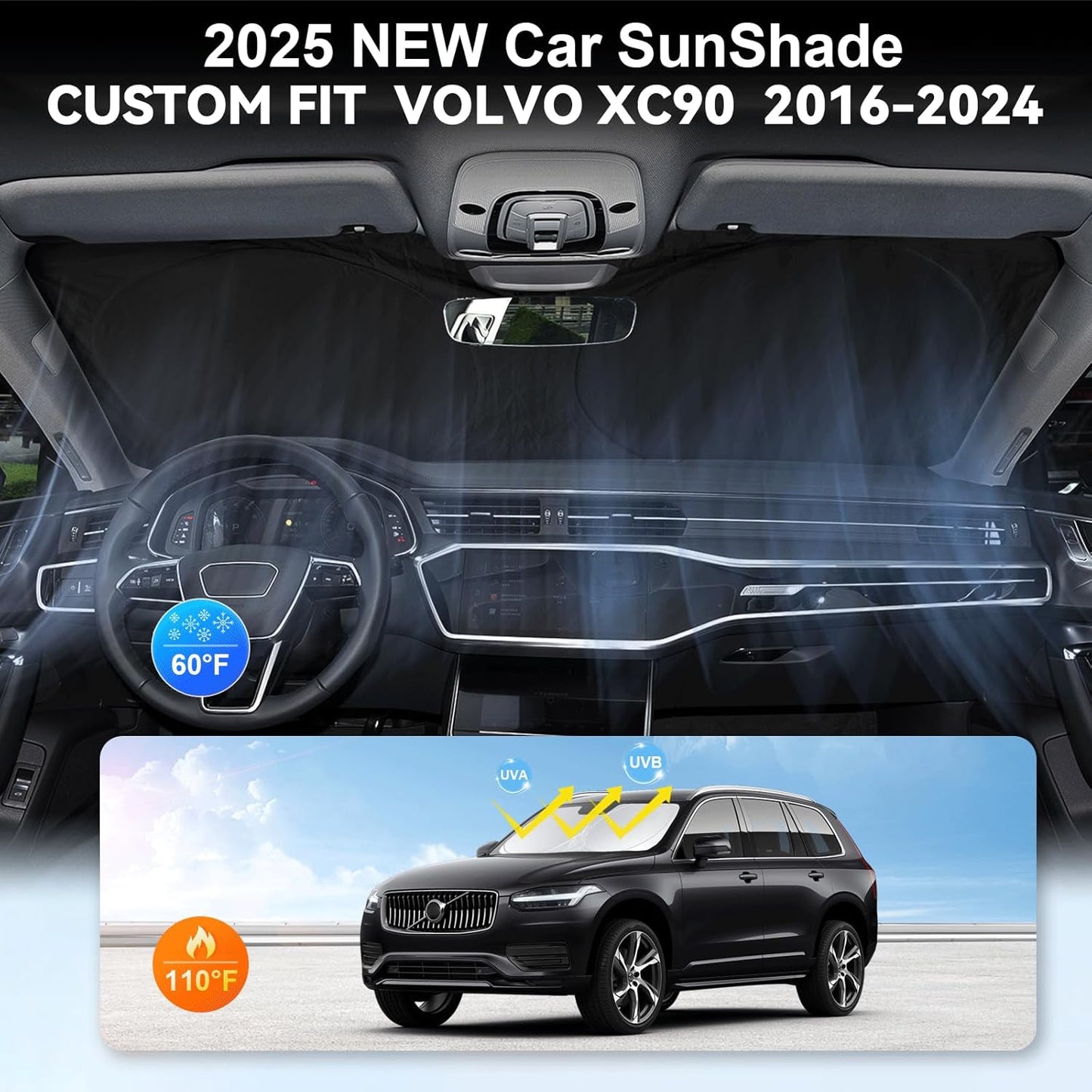 Custom Fit XC90 Windshield Sunshade for 2016 2017 2018-2024 2025 2026 Volvo XC90 SUV Interior Accessories Front Window Shield 210T Silver Coating Cover for Windshield Sun Visor Protector Blocks UV