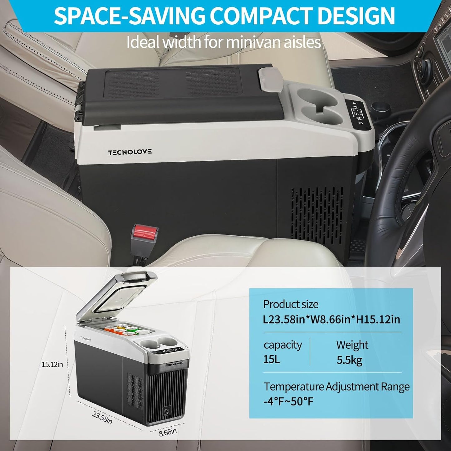 12 Volt Center Console Fridge,Car Refrigerator 16QT(15L) Cooler (-4℉-50℉),Portable Car Refrigerator RV Fridge,Portable Electric Cooler with 12/24V DC&110V AC, For MPV,Car,RV,Camping,Travel,SUV, Van