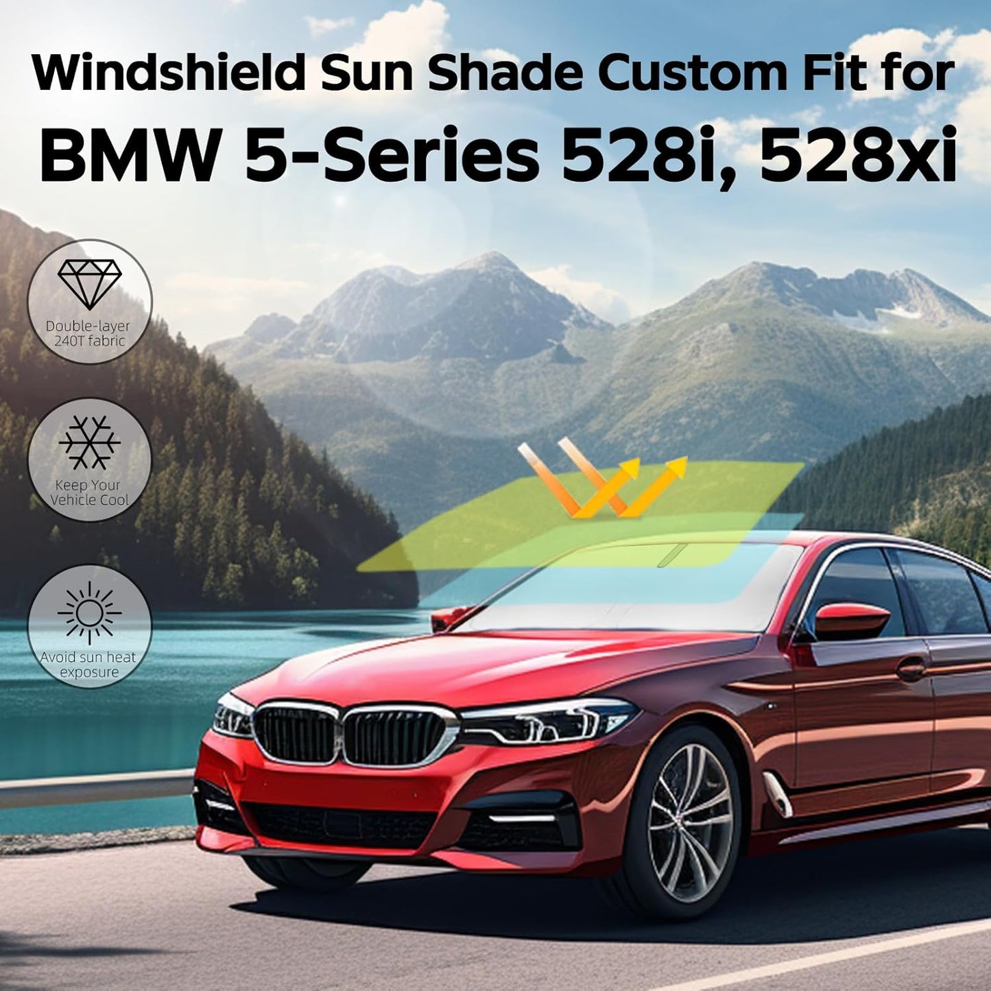 Windshield Sun Shade Sunshade Custom Fit for 2018-2023 2024 BMW 5 Series Windshield Cover for 5-Series 525i, 520i 528i 530i 535d 535i 550i Window Shade Sun Visor Protector 240T Refleactive Blocks UV