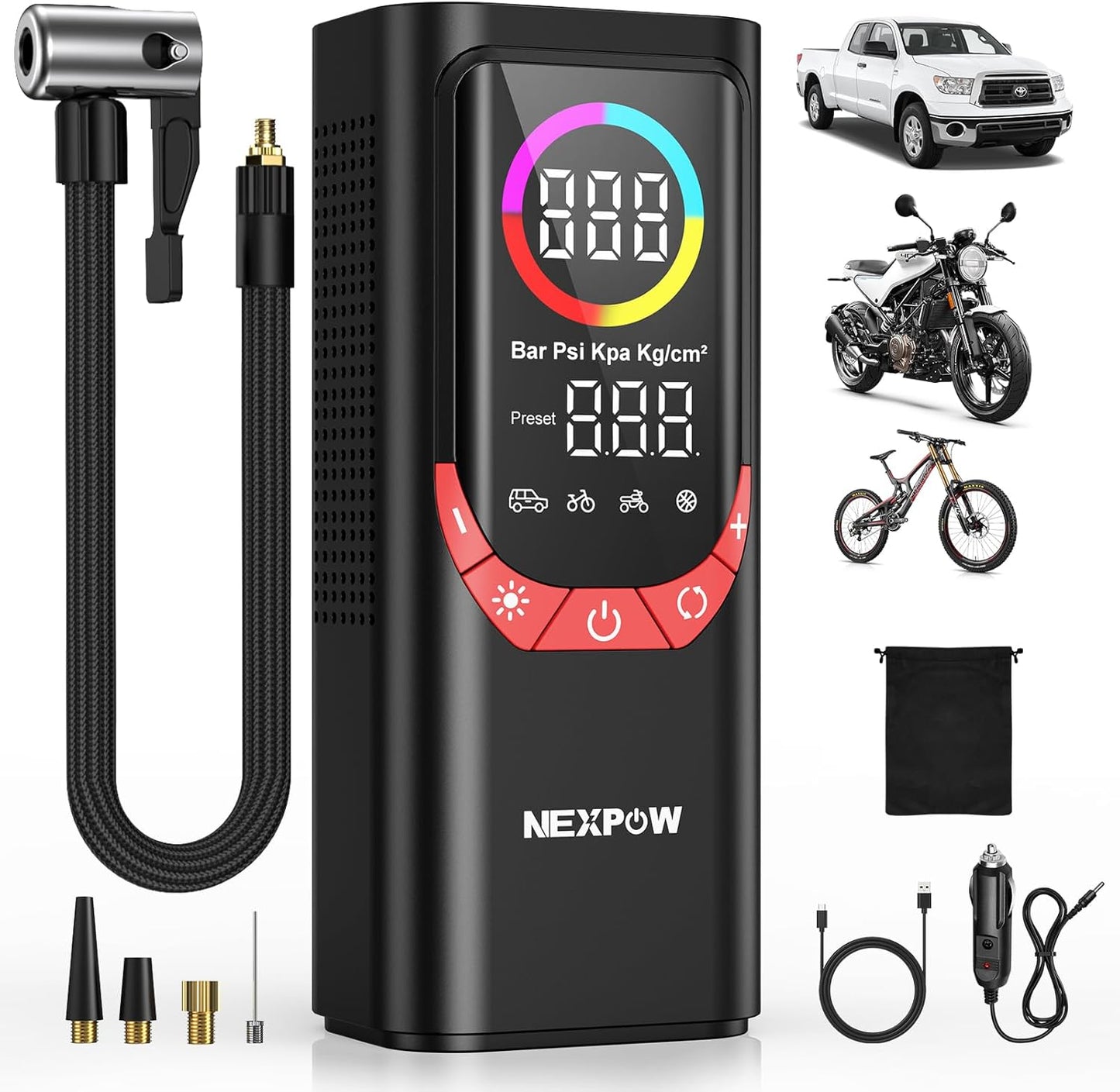 NEXPOW NP17 Portable Air Compressor, 150 PSI Digital Tire Inflator, Fast Inflation with Auto Shut-Off, LED Light, Multiple Nozzles for Car, Bike, and Ball, Compact Design, Red