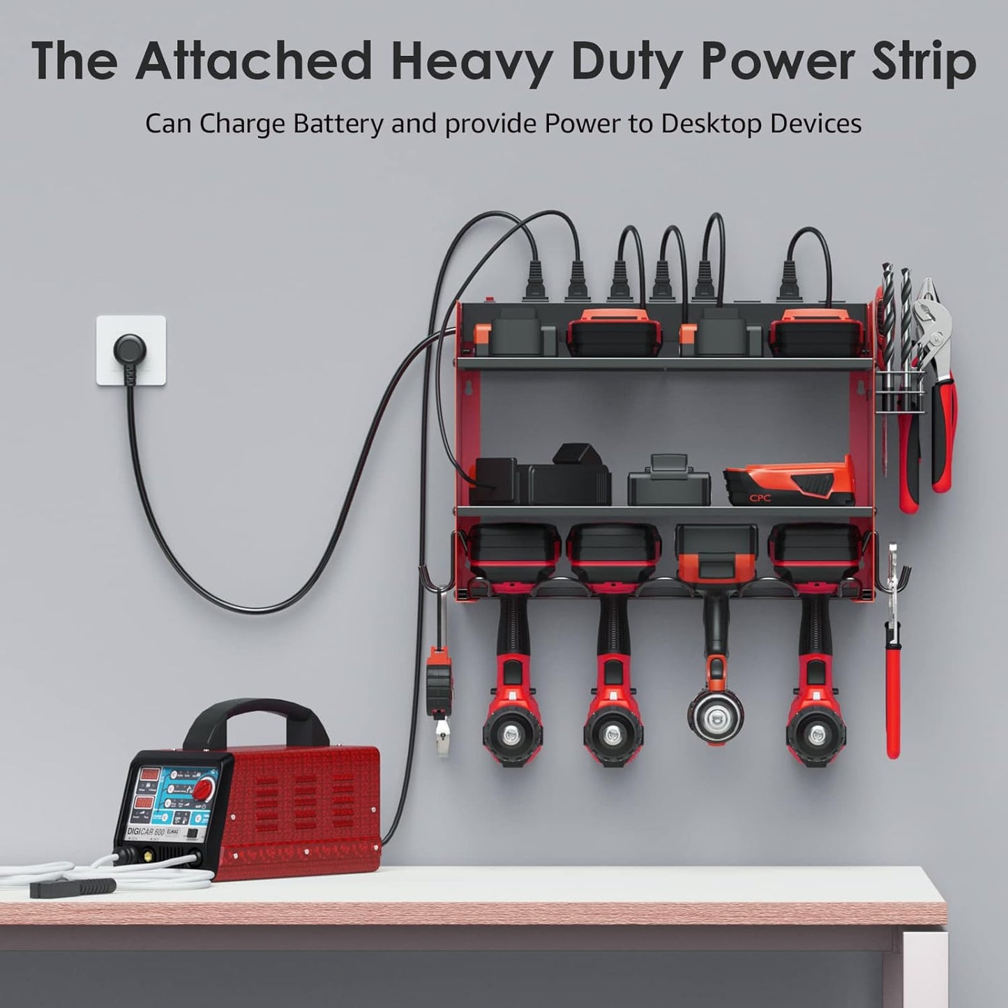 CCCEI Set Power Tool Organizer Wall Mount with Charging Station. Garage 8 Drills Storage Shelf with Hooks, Screwdriver, Drill Bit Heavy Duty Rack, Tool Battery Holder Built in 8 Outlet Power Strip.