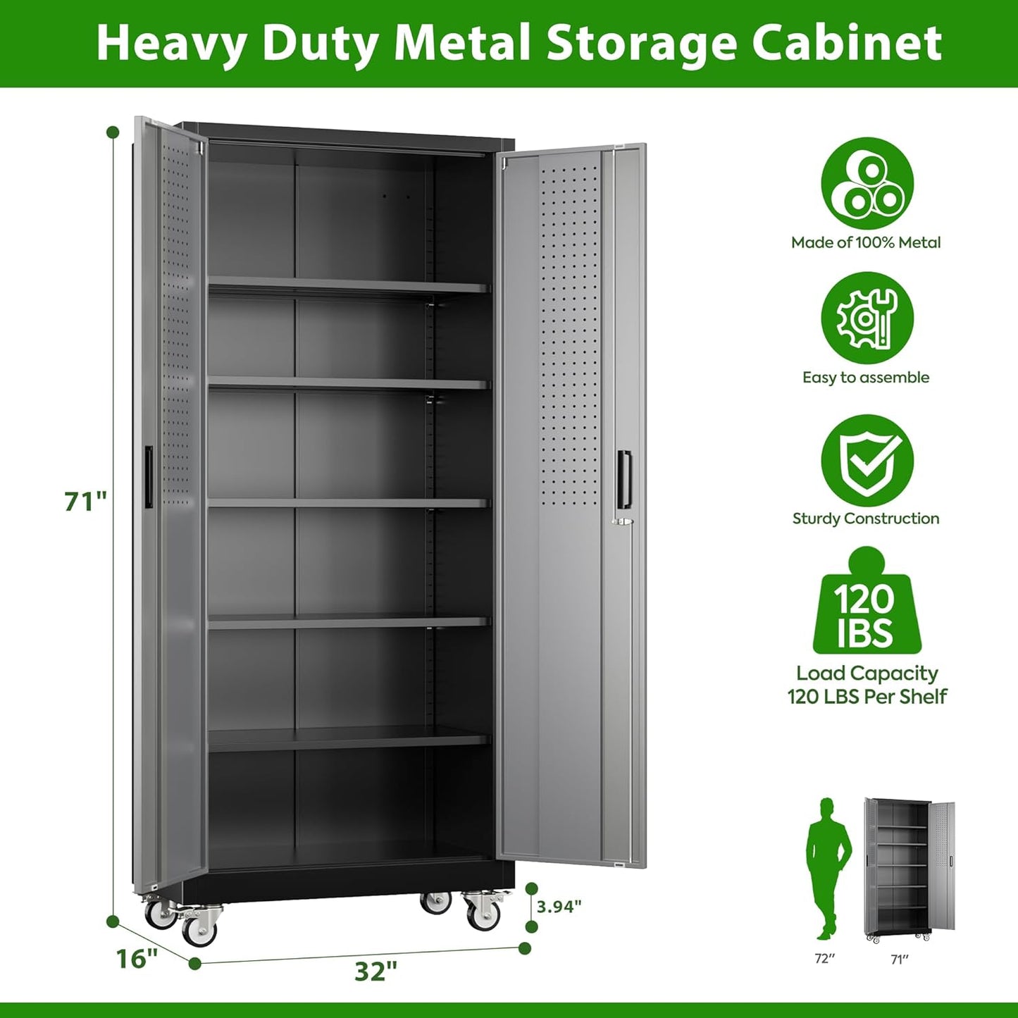 Garage Storage Cabinet with Pegboard and 5 Adjustable Shelves, 71'' x 32'' x 16''Metal Lockable Cabinet with Magnetic Doors,Tool Storage,Home Office Garage,Gym,School (Black-Grey)