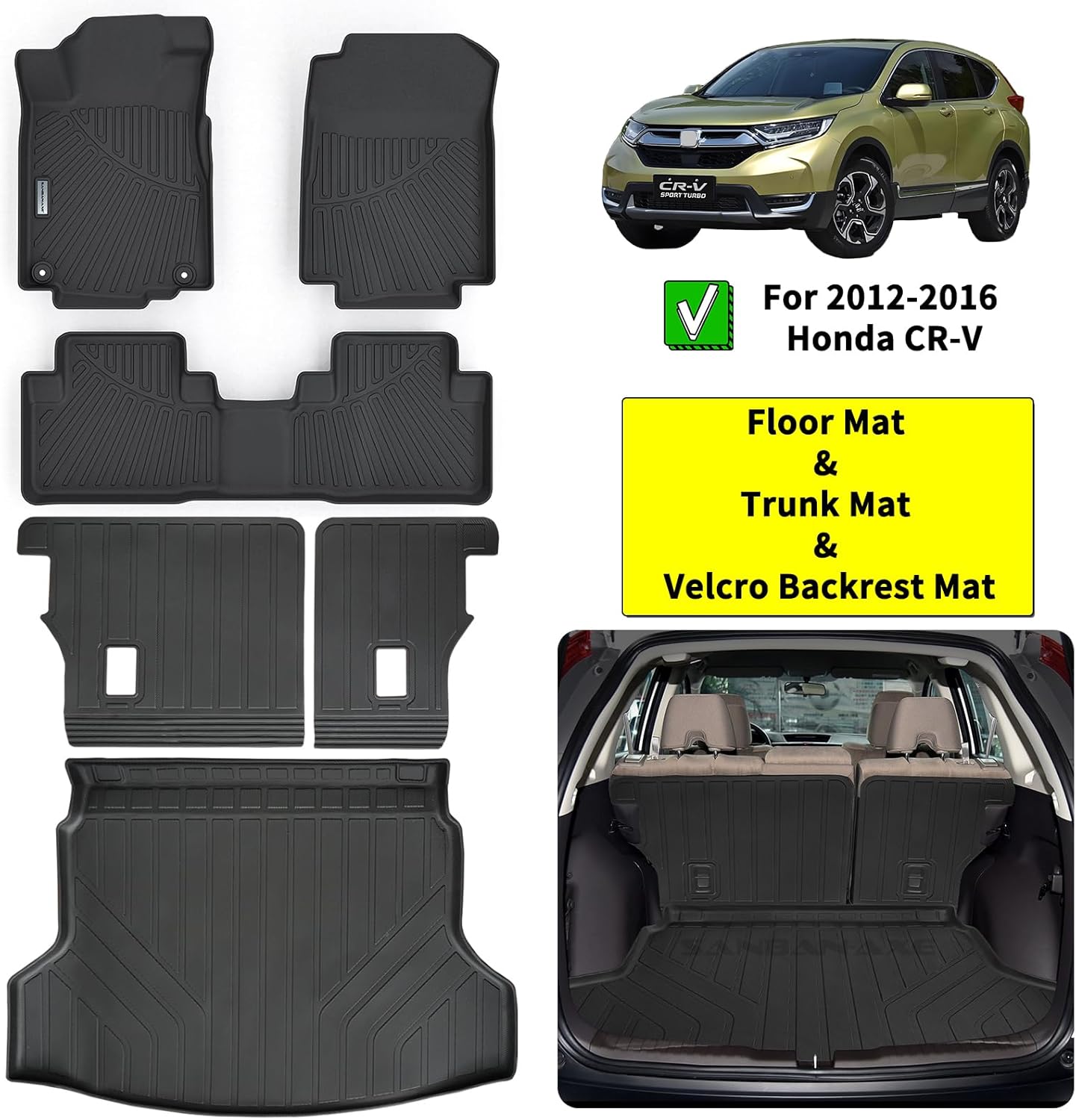 Floor Mats & Trunk Mat & Backrest Mat for 2012-2015 2016 Honda CR-V Not Fit CRV Touring & EX-L,TPE All Weather Protection 2 Rows Car Mats with Velcro Rear Seats Backrest