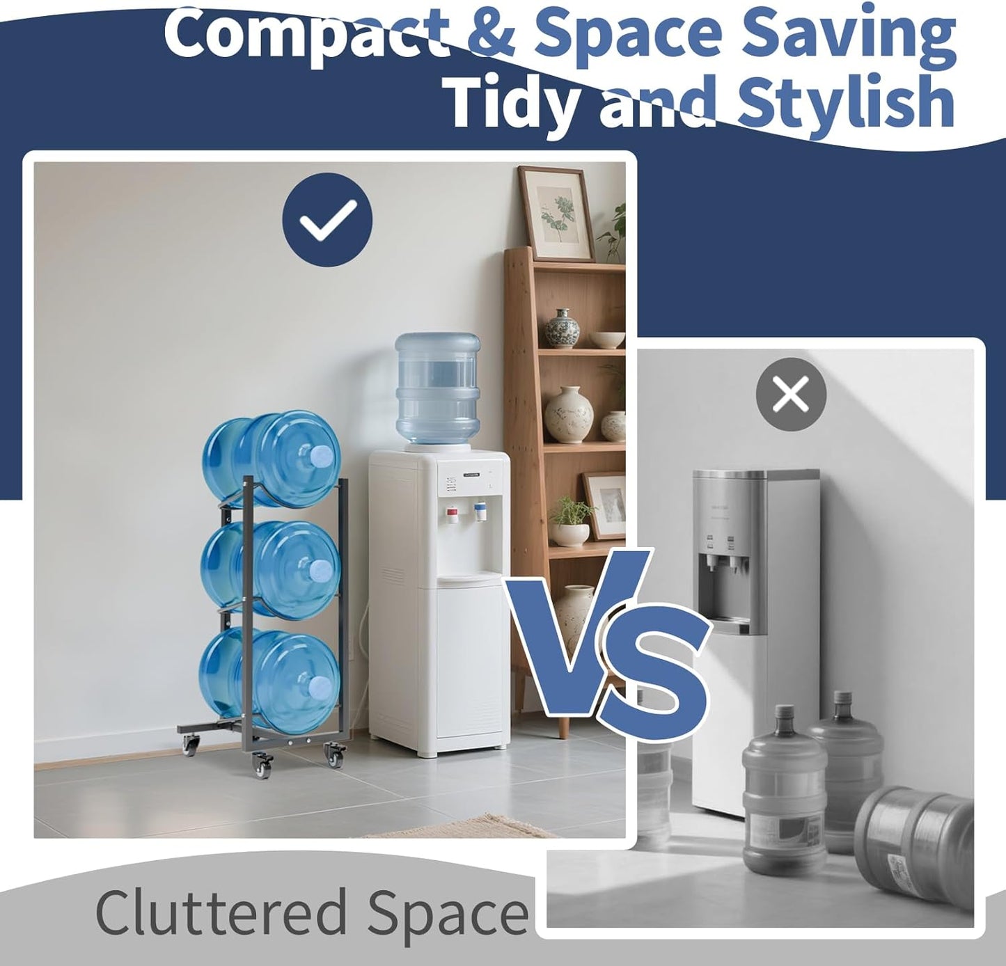 Water Jug Holder with 4 Wheels: 3 Tier Movable Gallon Bottle Storage Rack for Office Gym Garage - Black