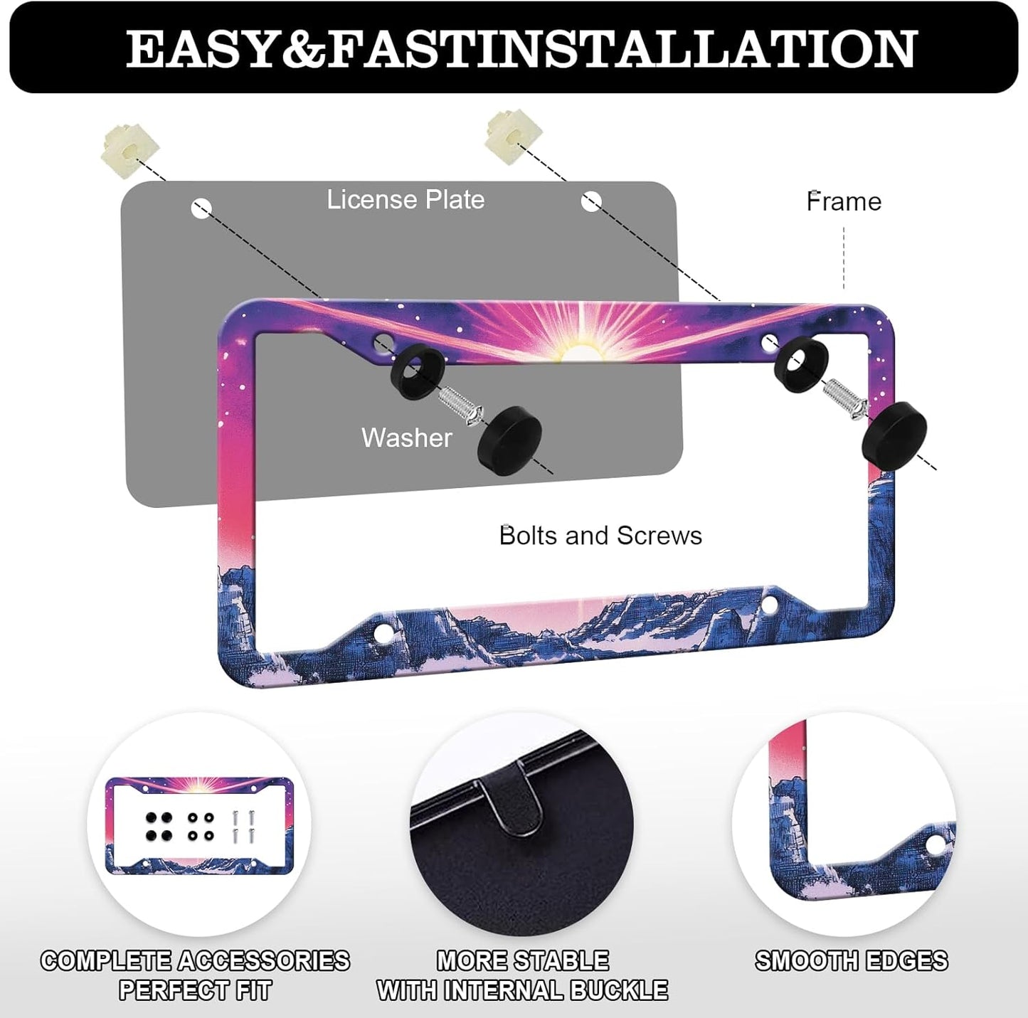 Sunset Mountain Anime License Plate Frames - 2 Pack Magic Colorful Stainless Steel License Plate Holder,Rust-Proof Waterproof Car Decorative Tag Frame with Screws Fasteners Caps